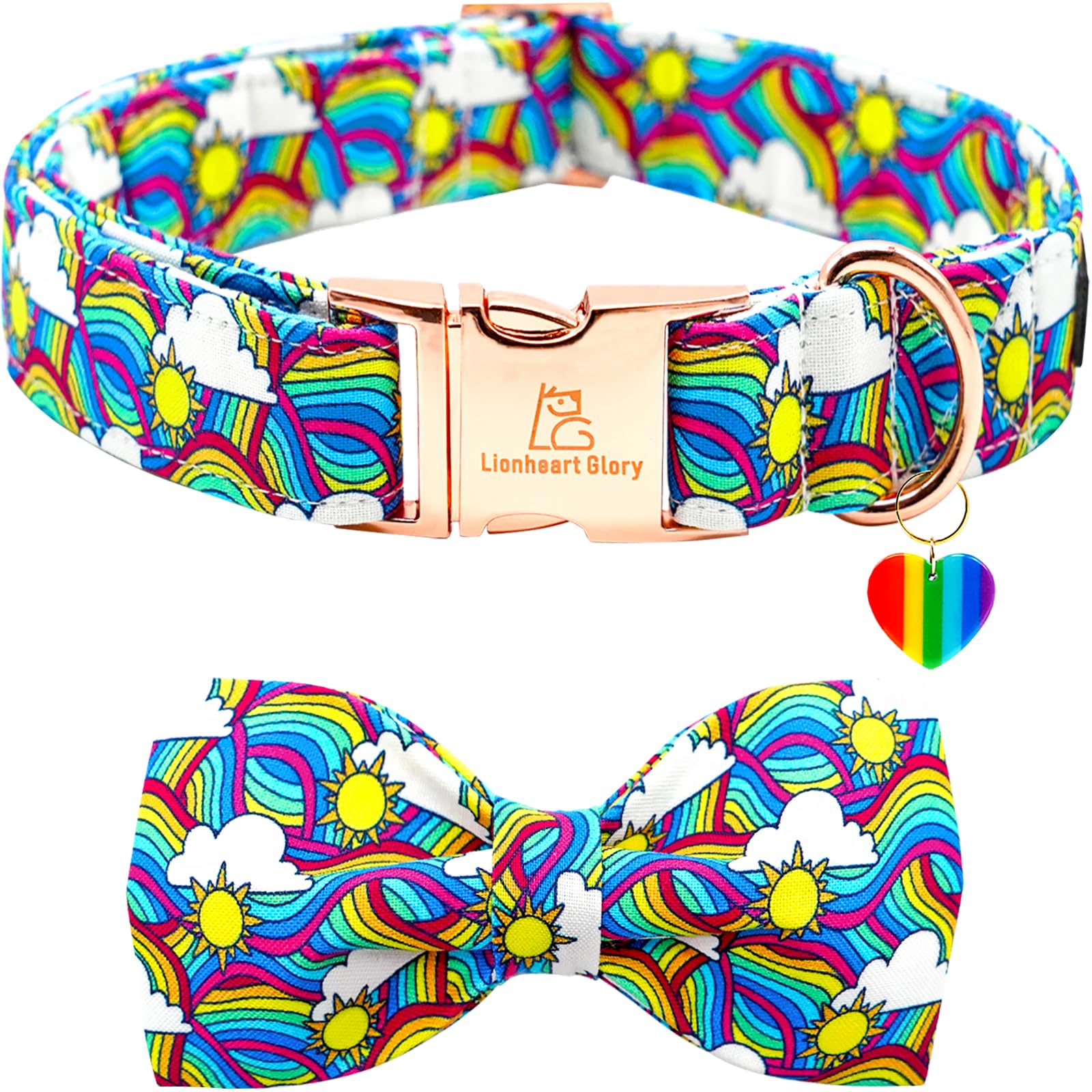 Lionheart Glory Rainbow Dog Collar Colorful Dog Bow Collar Heavy Duty Adjustable Pride Dog Collar With Bowtie For Large Dogs Pet