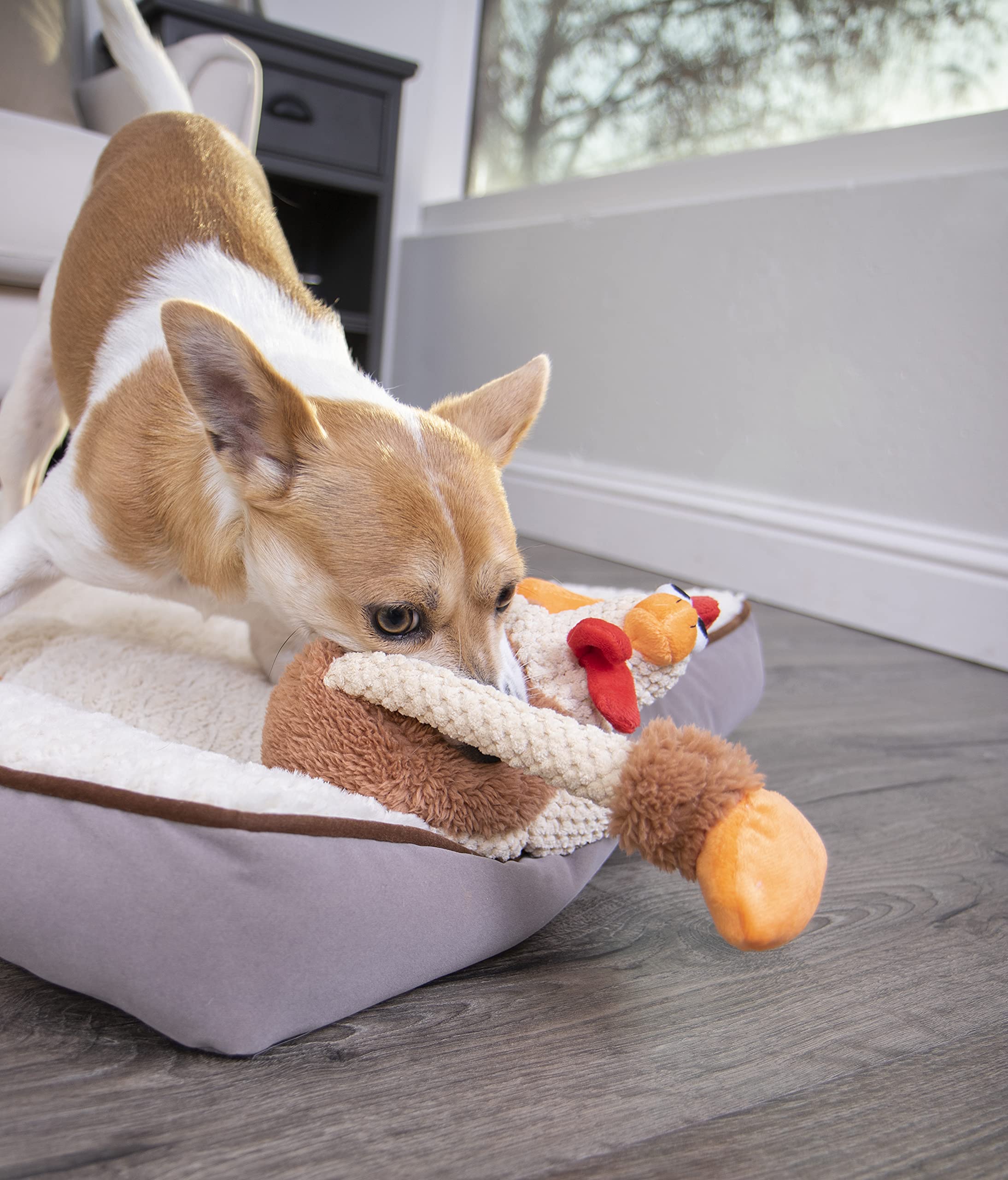 goDog Checkers Skinny Rooster Squeaky Plush Dog Toy - Chew Guard Technology, Brown, Small Size