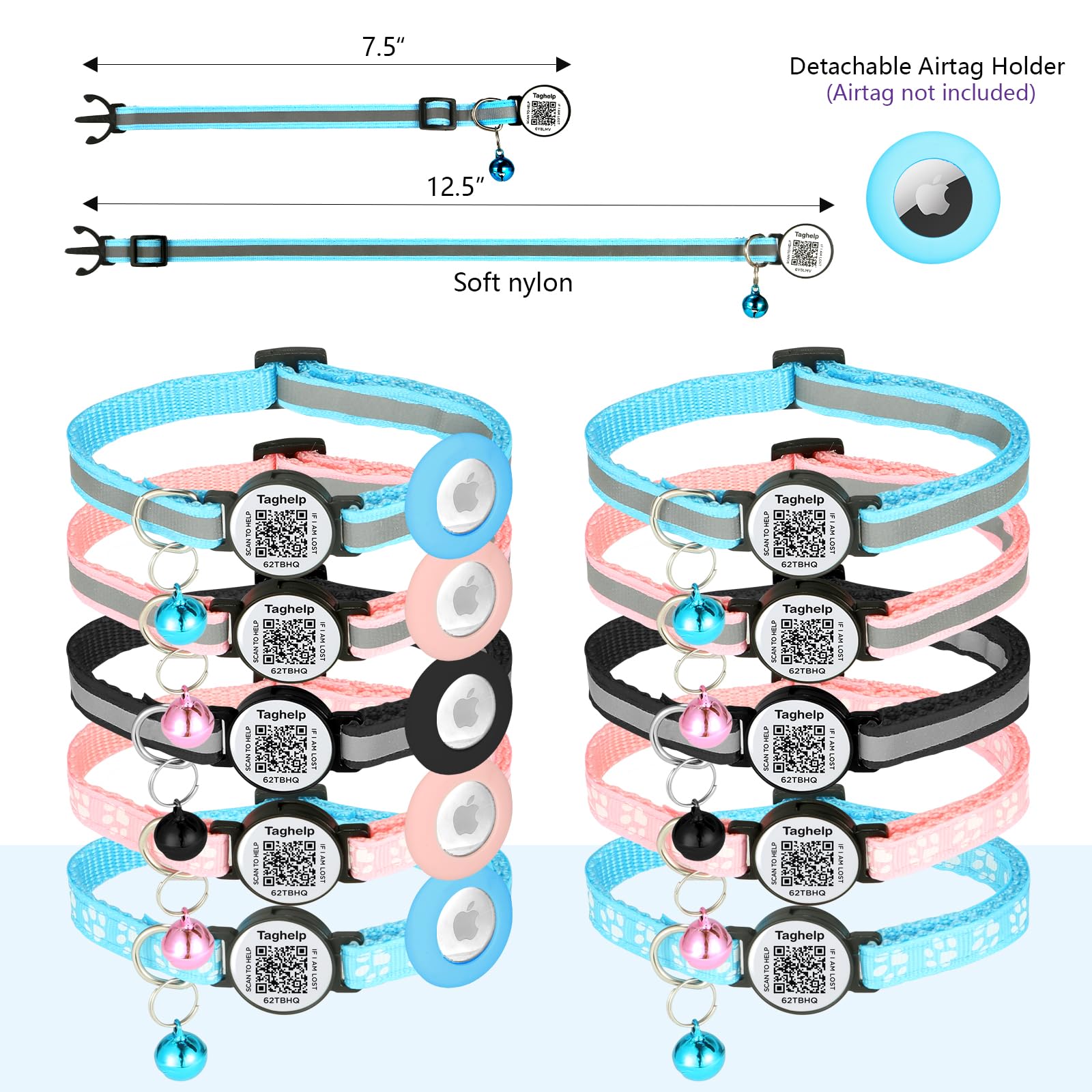 Taghelp Airtag Cat Collar - Breakaway with QR Code, Reflective, Adjustable, Fits Most Cats, Black A, Model TH-1171/2