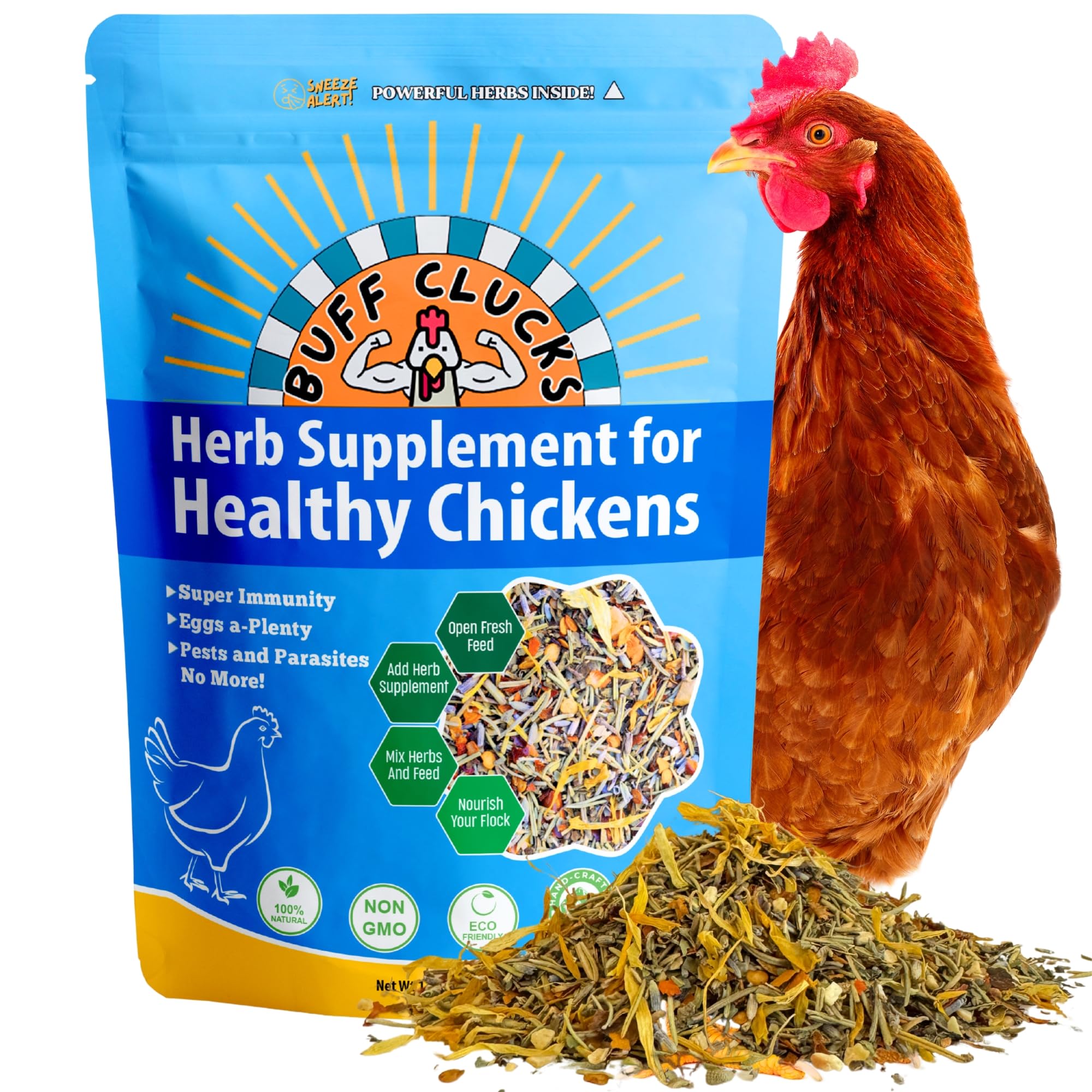 Buff Clucks Herb Supplement for Backyard Chickens - Natural Chicken Treats, Poultry Feed Botanical Mix, Plant-Based Coop Snacks 