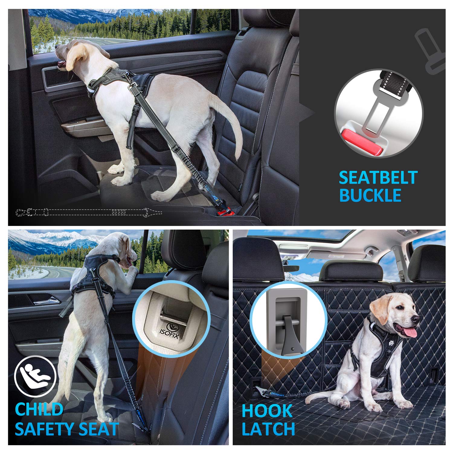 IOKHEIRA Dog Seat Belt 3-in-1 Car Harness, Adjustable Safety Nylon, Reflective Bungee Tether with Clip Hook, Buckle & Zinc Alloy Carabiner, Black