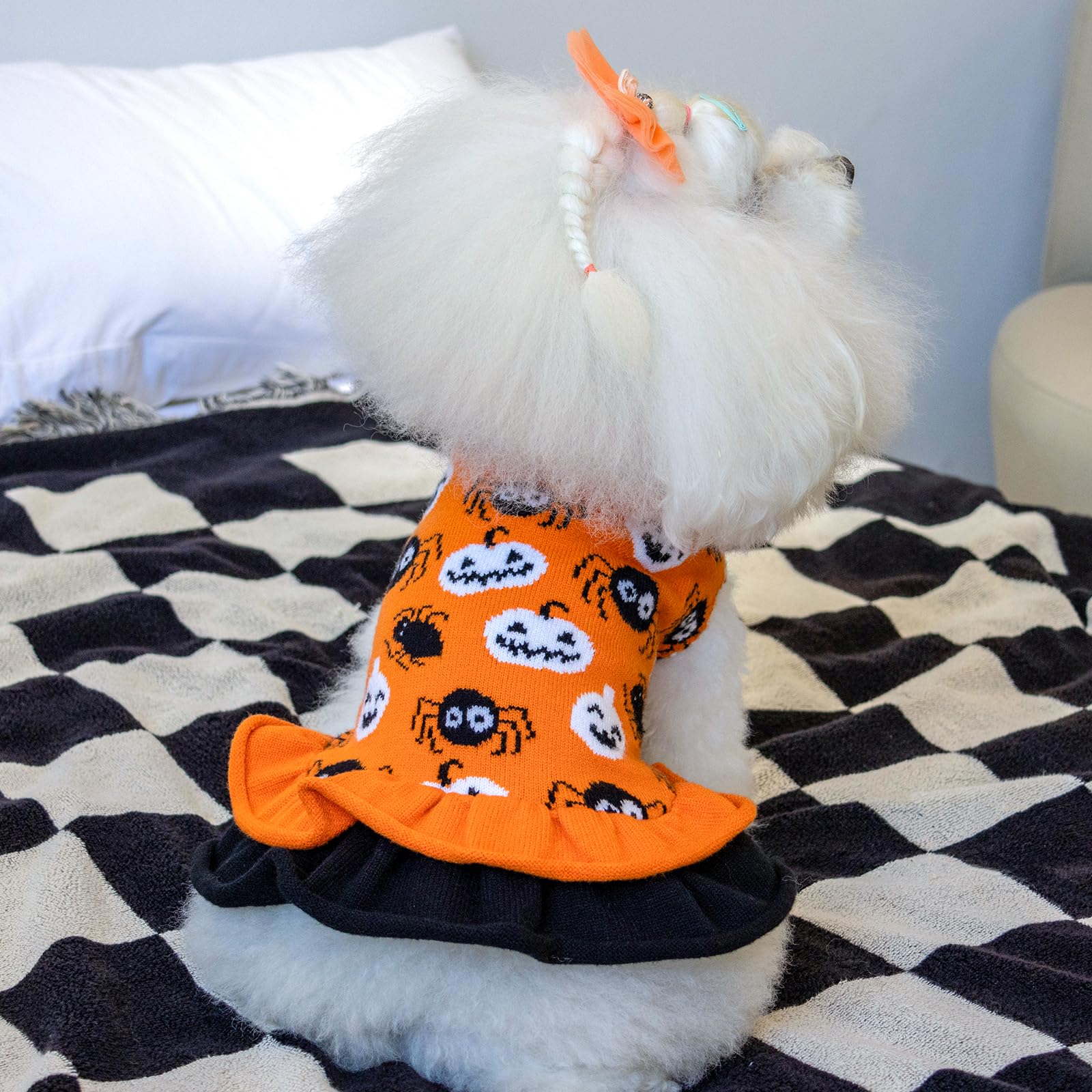 Cutebone Halloween Dog Sweater Dress, Soft And Stretchy Dog Clothes For Medium Large Dogs Girl, Pumpkin Spider Puppy Sweater Pullover Ruffle Dress Pet Outfit Cat Apparel