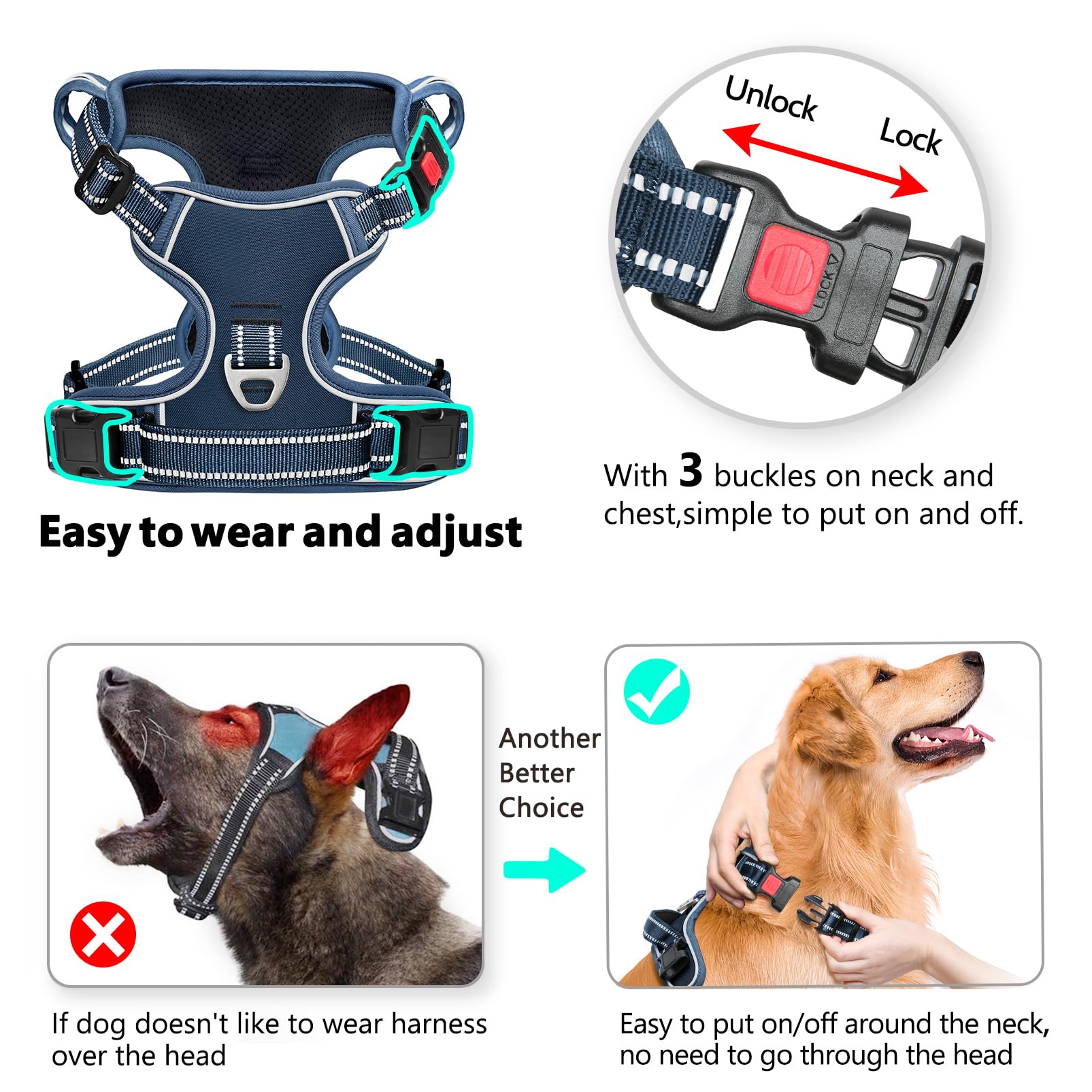 Timos Dog Harness Large Sized, No Pull Pet Harness with Neck Lockable Snap,No Choke Front Clip Dog Reflective Vest,Adjustable Me