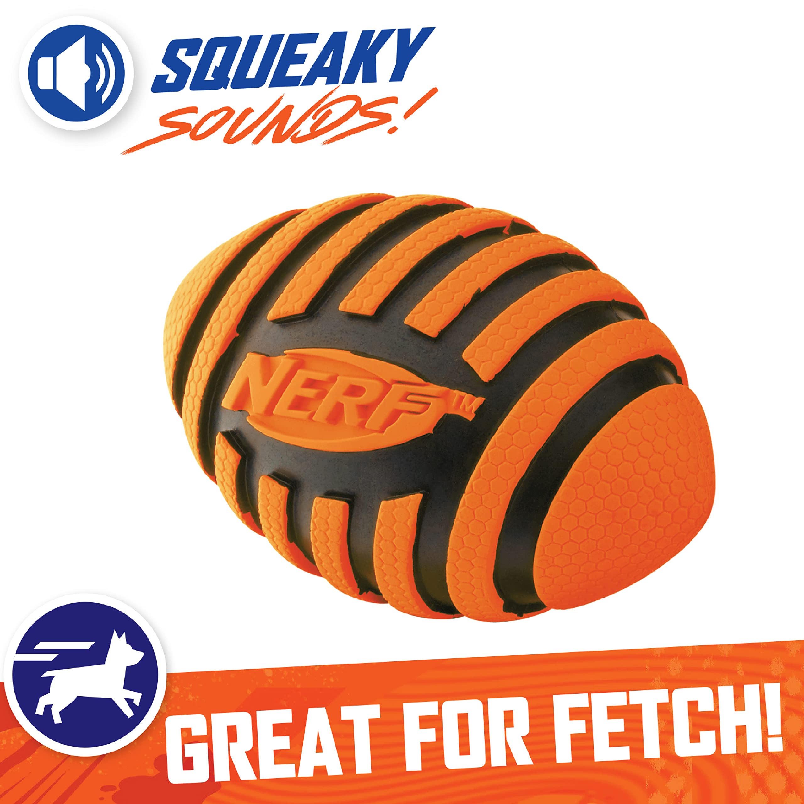Nerf Dog Rubber Football Dog Toy With Spiral Squeaker, Lightweight, Durable And Water Resistant, 5 Inch Diameter For Medium/Large Breeds, Single Unit, Orange (8915)