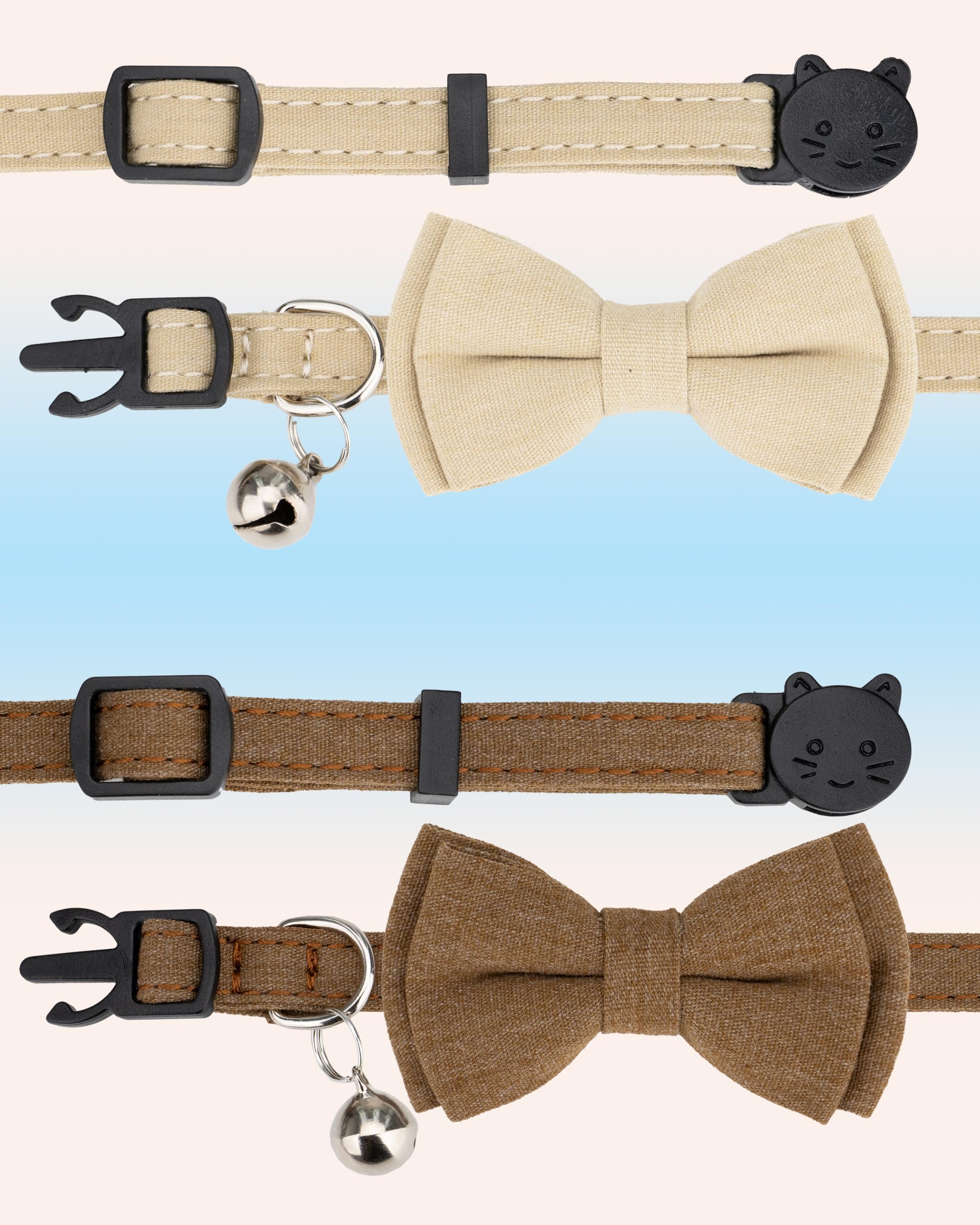 Gyapet Cat Collar Breakaway Bowtie Safety With Bell Adjustbale Kitten Puppy Solid Plaid Color Set A-[2Pcs] Brown & Beige