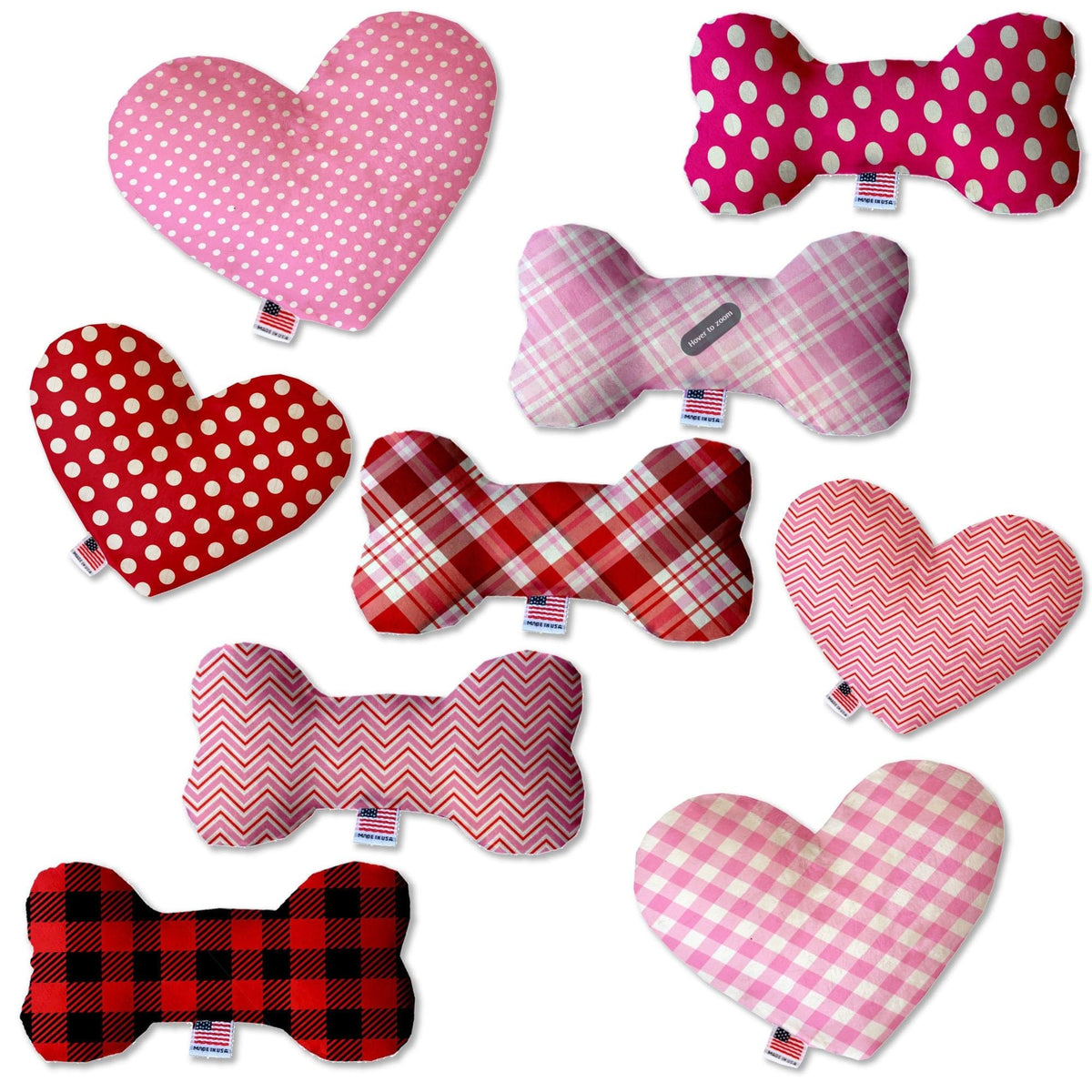 Pet and Dog Plush Heart or Bone Toy, &quot;Christmas Patterns Group&quot; (Available in different sizes, and 11 different pattern options!) Red Buffalo Check 6&quot; Plush Heart