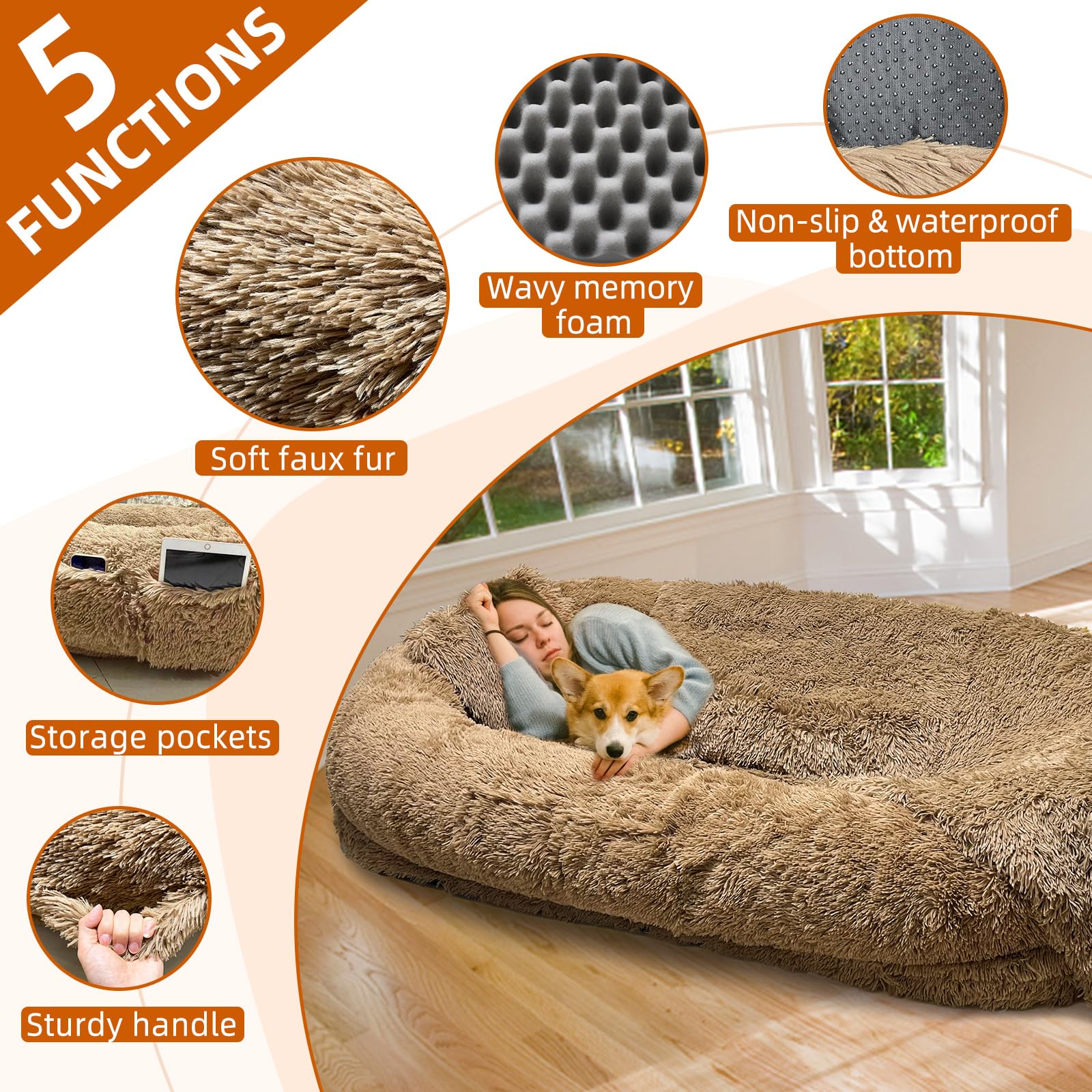 Brubro Large Human Dog Bed For Adult,74.8X47.3X13.8 Human Sized Dog Bed For People And Pets,Removable And Washable Faux Fu