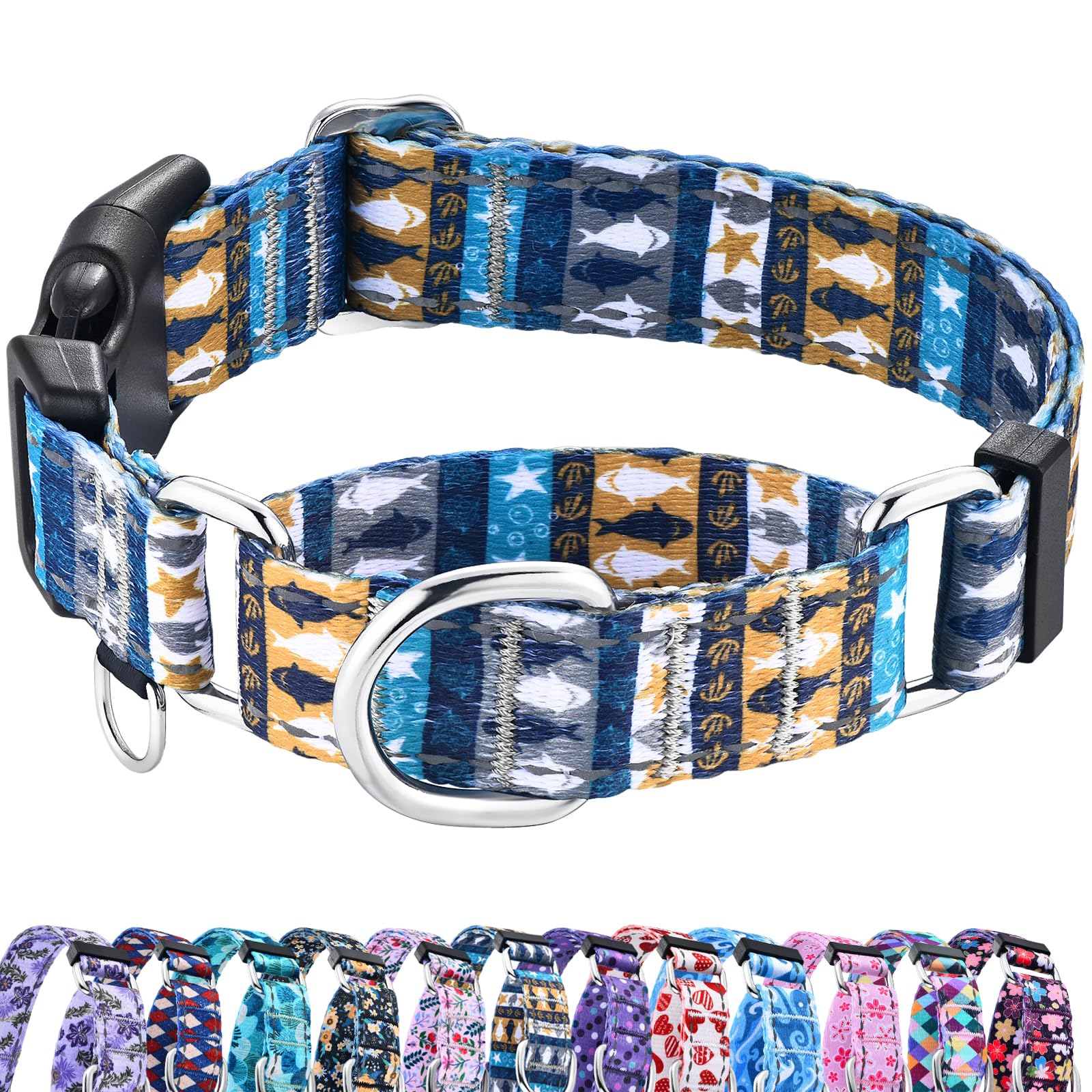 Fidohug Reflective Martingale Collar With Buckle Shark Starfish Ethnic Stripe Adjustable Designer Dog Collars (Underwater World,