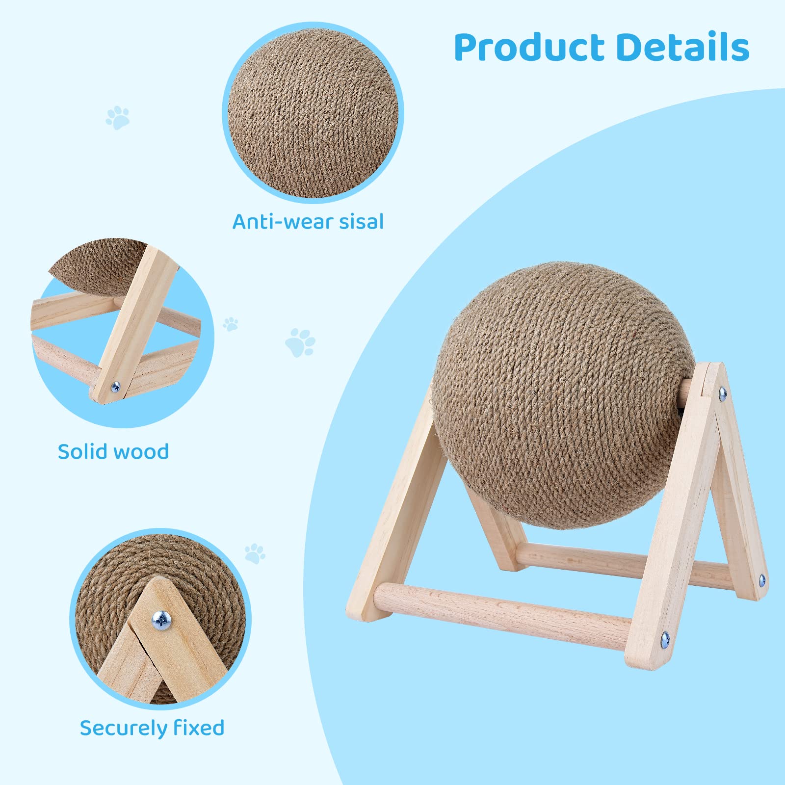 Battipaw Cat Scratcher, Rabbit Scratching Ball, Natural Sisal Scratcher, Spinning Cat Ball, Solid Wood Scratching Toy For Cats &