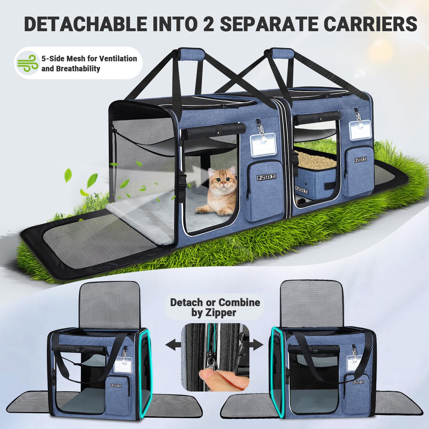 Petskd 2 In 1 Double Cat Car Travel Carrier With Litter Box, 38''X17''X18'' Portable Dual Extra Large Cat Carrier For Multiple C