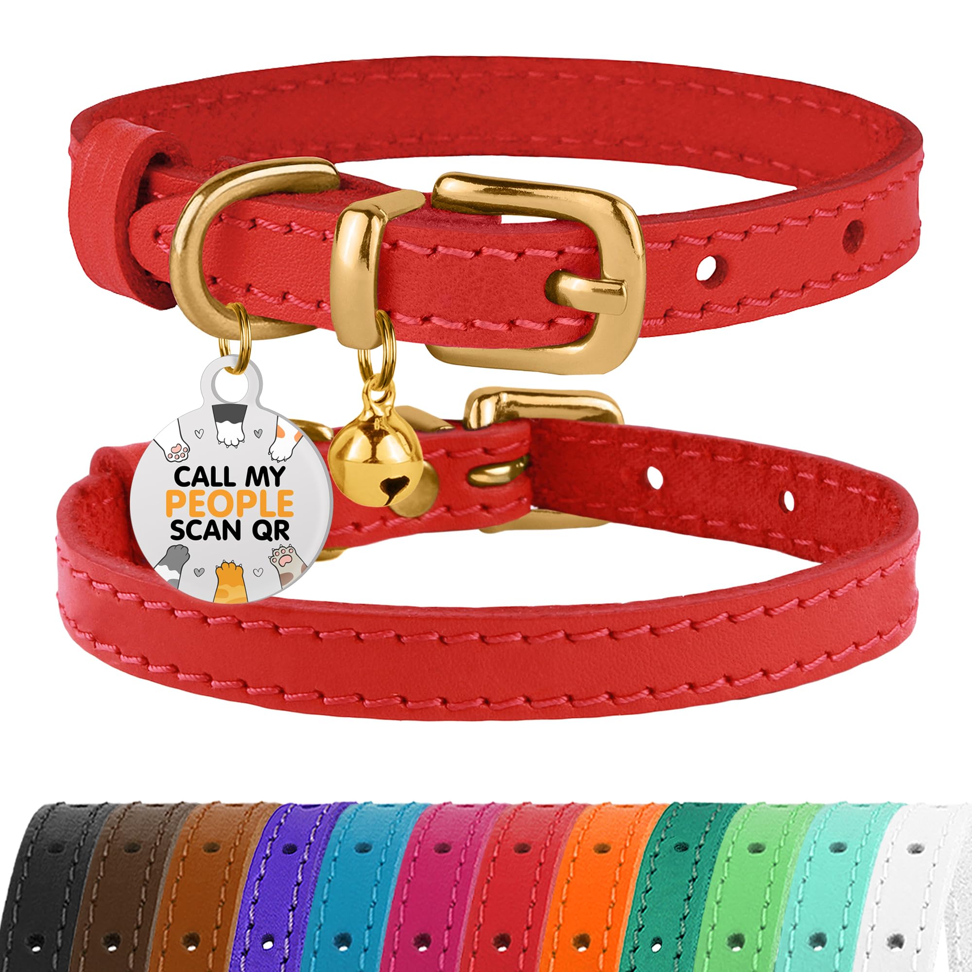 Bronzedog Leather Cat Collar With Bell Non Breakaway Kitten Qr Tag For Girl Boy (9' - 11' Cats/Mini Dogs, Red & Gold)