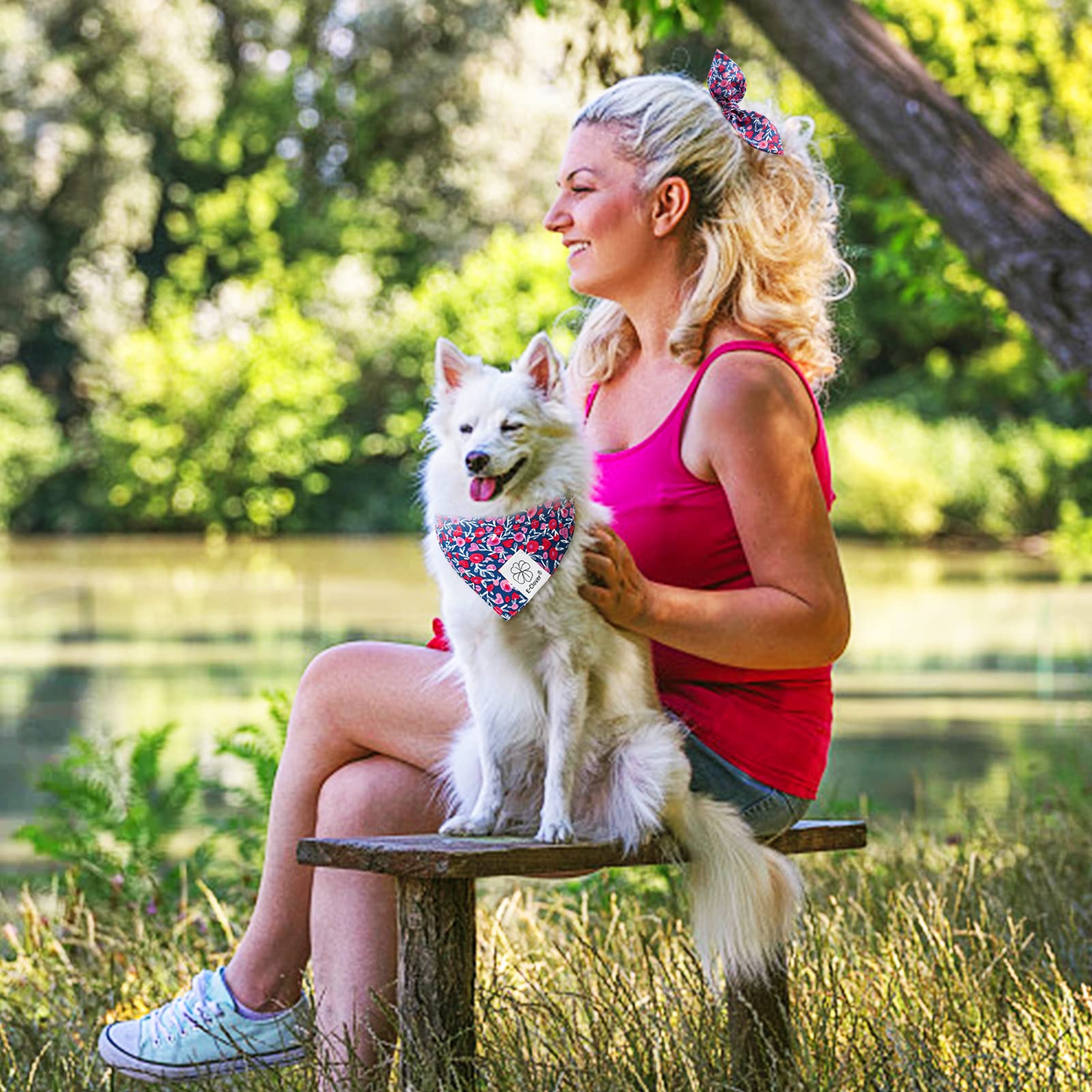 E-Clover Dog Collar Bandana Girl & Matching Scrunchie Set Heart Dog Collars Pet Accessories Adjustable For Small Dogs Puppy Owne