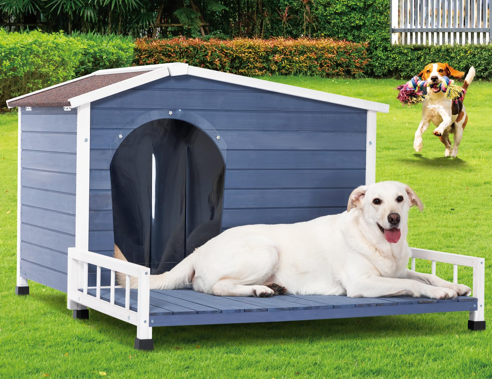 Petsfit Large Dog House With Terrace & Openable Asphalt Roof, 45' L X 54' W X33 H, Xl Dog House Outdoor With Elevated Floor, Window & Door Flap, Outdoor Dog House For Large Dogs