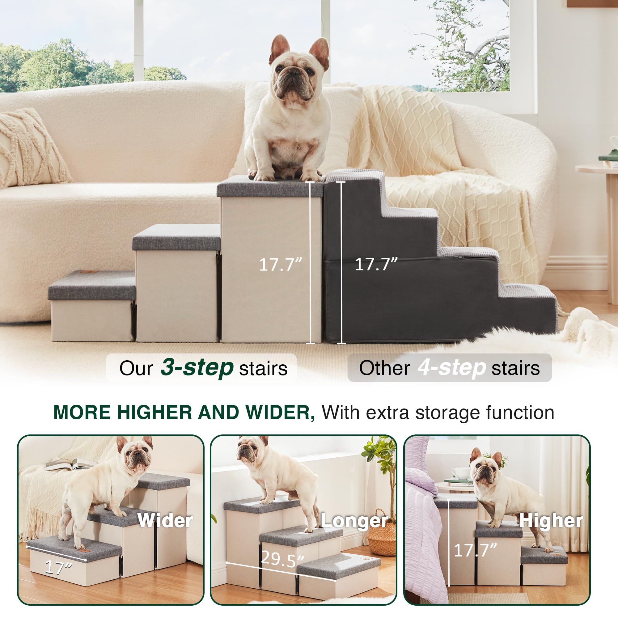 Love'S Cabin Dog Stairs For High Bed 18'H,Foldable Pet Stairs For Small Medium Or Large Dogs Puppy With Storage For Bed Or Couch, Cat Dog Steps Ramp With Zip Up To 210 Lbs(Light Grey,3 Steps No Condo)