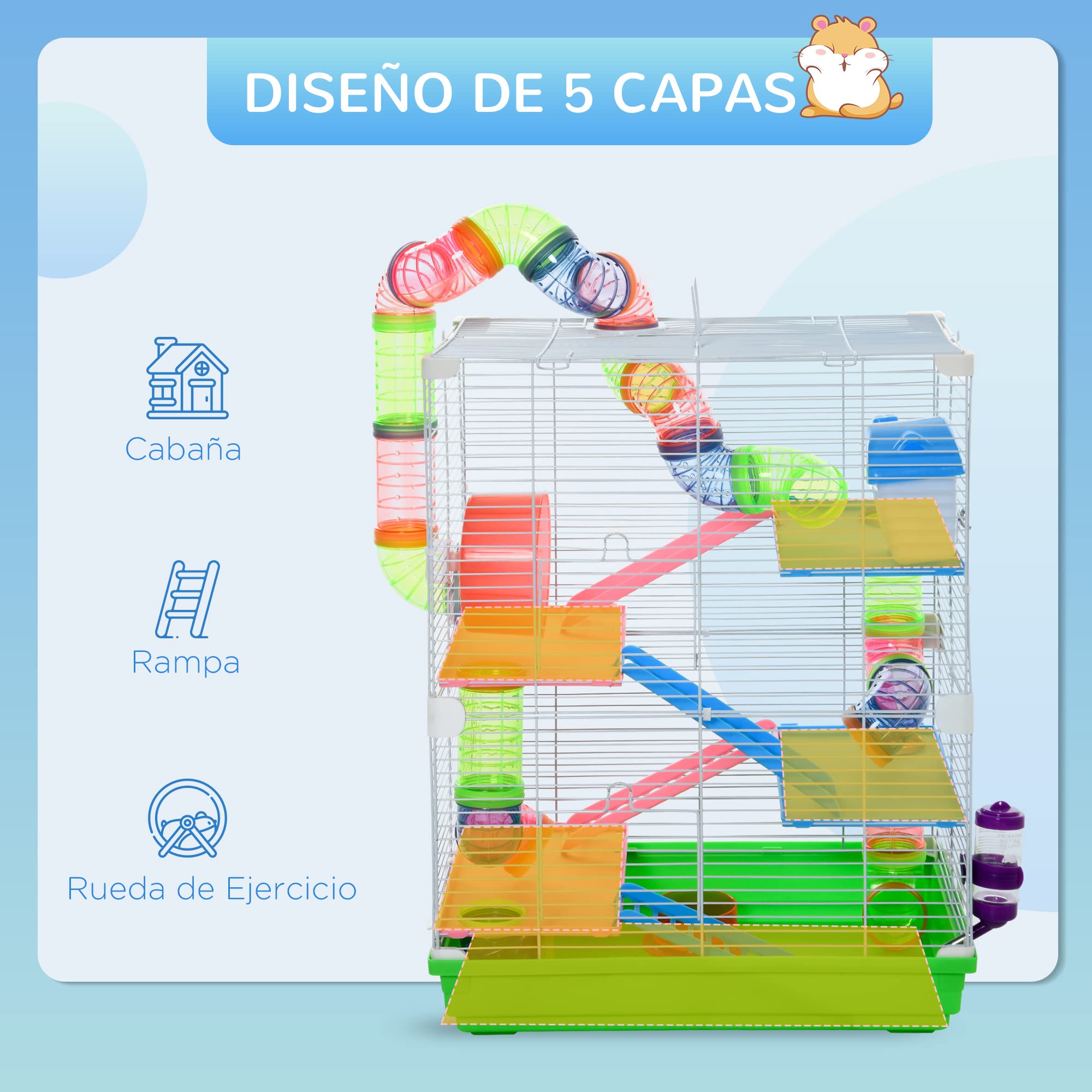 PawHut Hamster Cage with Ladder, Feeder, Wheel & Tunnel - Green & White, 46 x 30 x 58 cm, Metal & Plastic