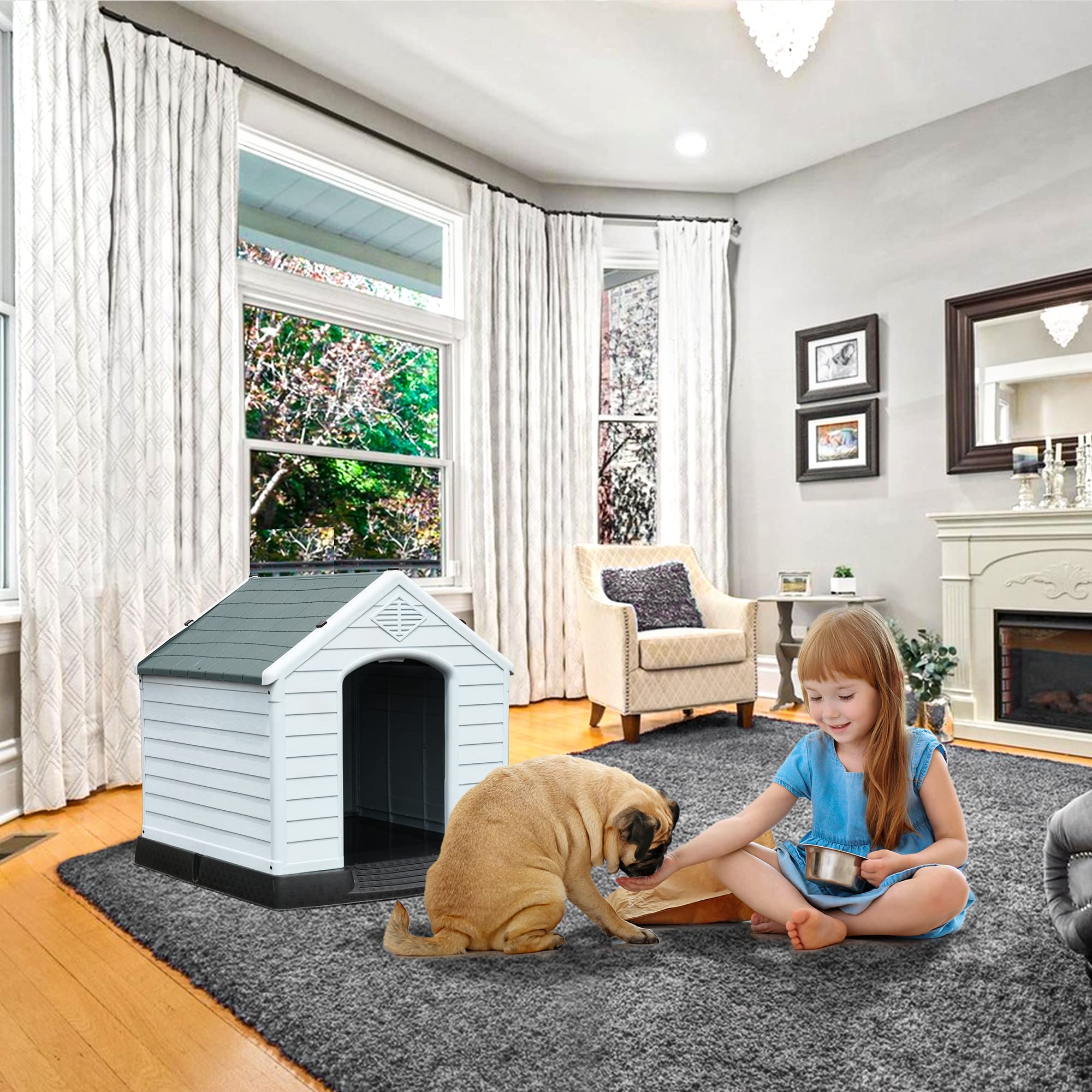Yitahome 28.5'' Large Plastic Dog House Outdoor Indoor Doghouse Puppy Shelter Water Resistant Easy Assembly Sturdy Dog Kennel Wi