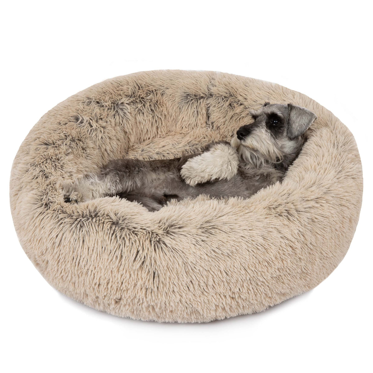 Friends Forever Donut Dog Bed Faux Fur Fluffy Calming Sofa For Medium Dogs, Soft & Plush Anti Anxiety Pet Couch For Dogs, Machine Washable Coco Pet Bed With Non-Slip Bottom, 30'X30'X7' Tan