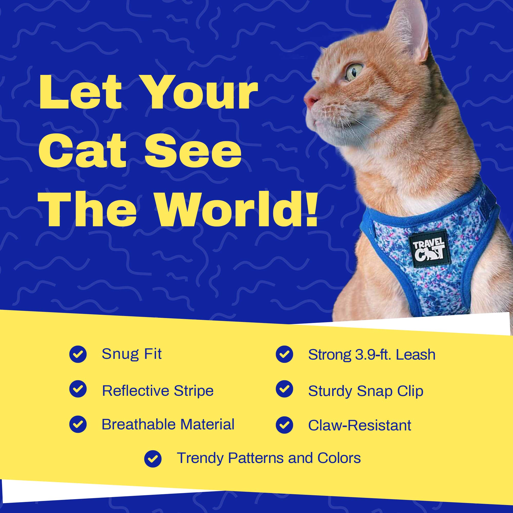 Travel Cat Harness And Leash Set - Adjustable Comfort Fit Mesh Vest Harnesses With Reflective Strap - Snug Fit Harness For Cats, Kitten For Outdoor Walking, Groovy, Medium (Chest 15-17.3 Inch)