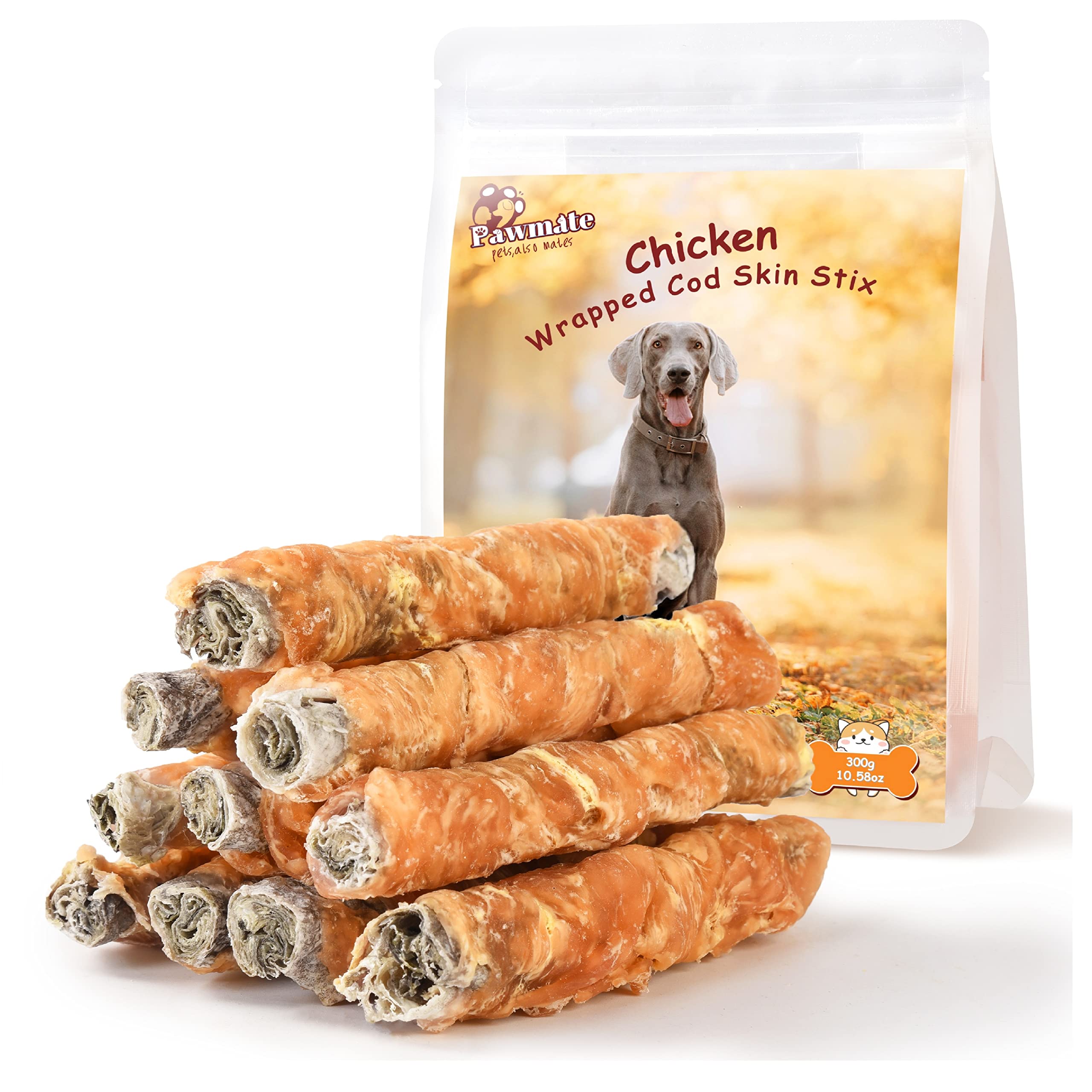 Pawmate Dog Treats Chicken Wrapped Cod Fish Skin Sticks, Healthy High Protein Omega3 Cod Twist Dog Chews Real Chicken Wrap Teeth