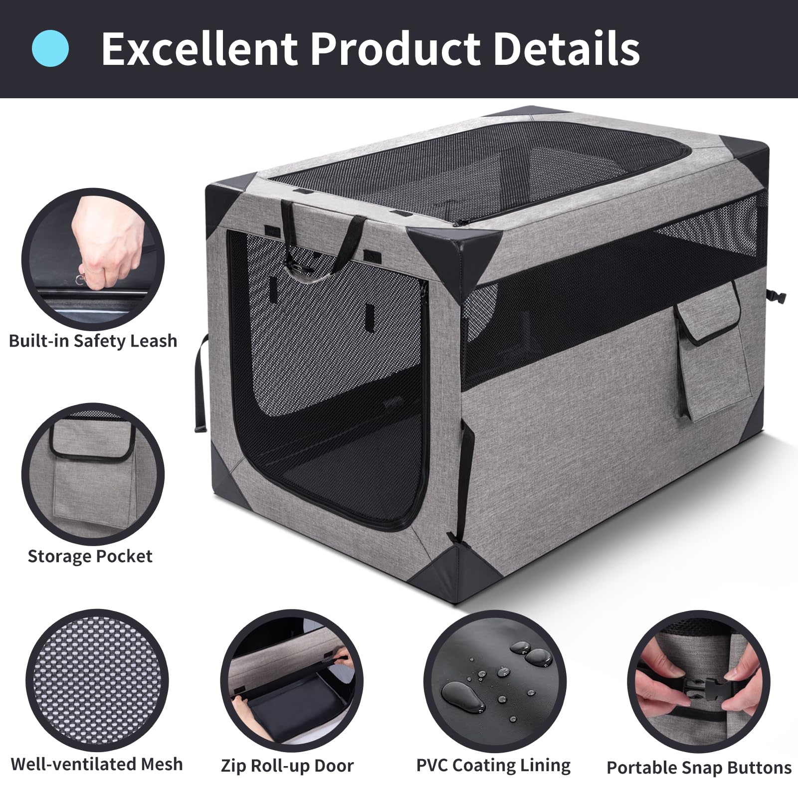 36 Inch Portable Travel Dog Crate, 3 Door Collapsible Soft Pet Kennel with Durable Mesh Windows for Medium Dogs, Foldable Dog Ca