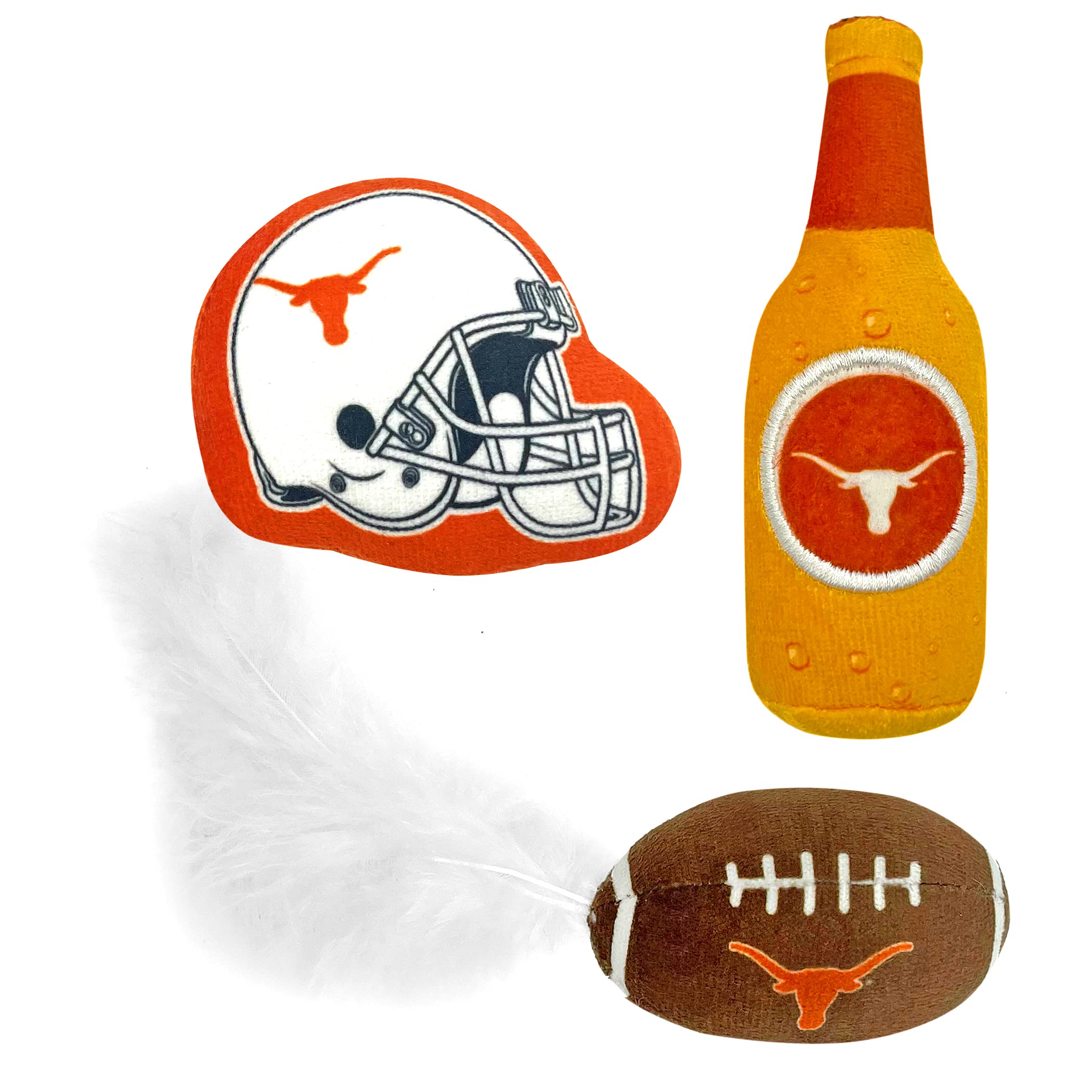 Best Plush Cat Toy - Ncaa Texas Longhorns Complete Set Of 3 Piece Cat Toys Filled With Fresh Catnip. Includes: 1 Helmet Cat Toy, 1 Football Cat Toy With Feathers & 1 Beer Bottle. Beautiful Team Logos