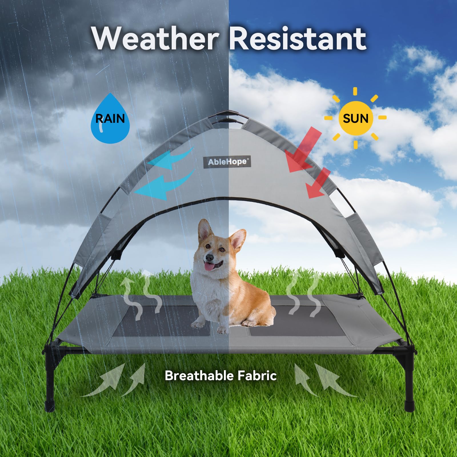 AbleHope Elevated Pet Cot with Removable Canopy Shade, Raised Dog Bed with Cooling Mesh for Indoor Outdoor Use, UV Protection &
