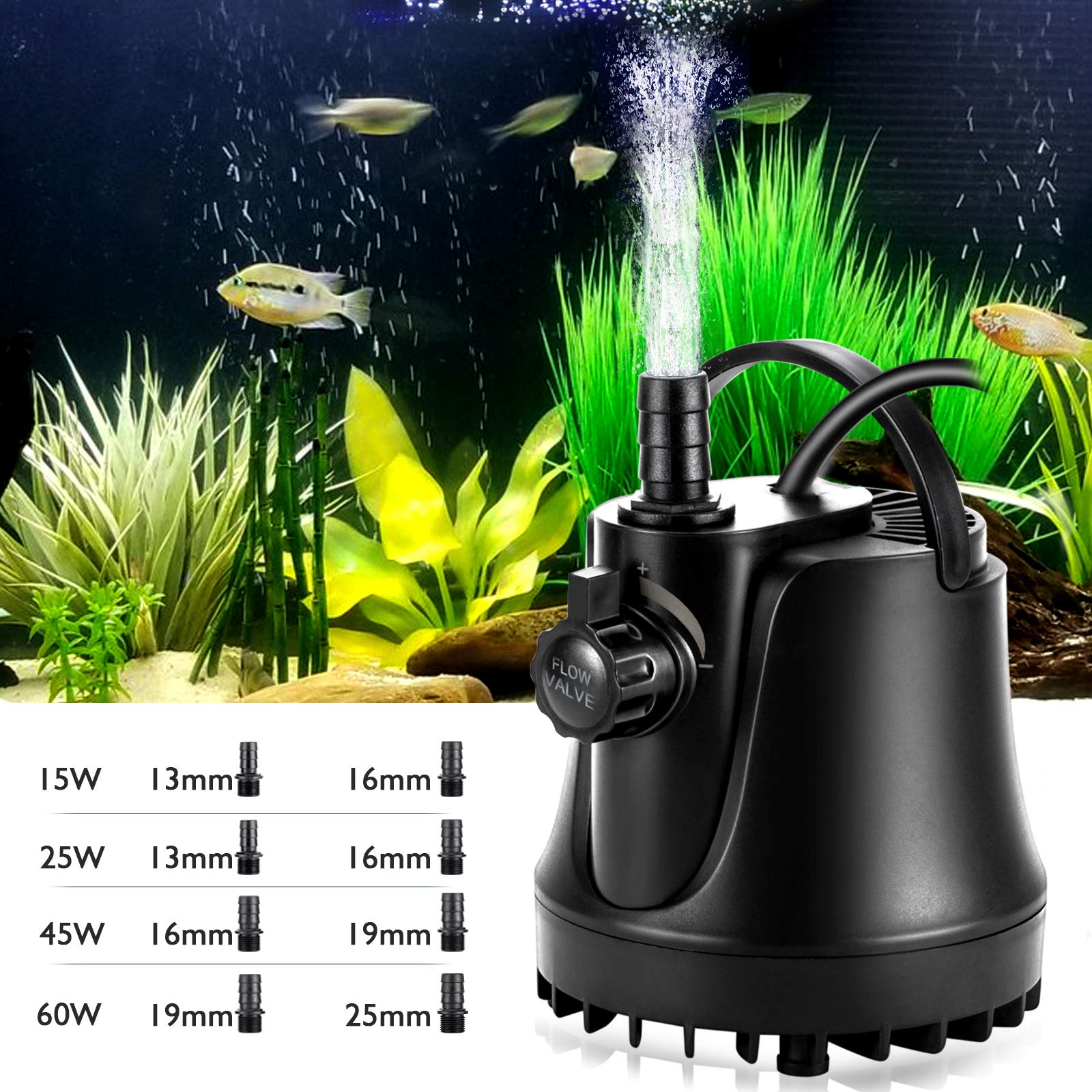 Aqqa Submersible Water Pump,265-800Gph Aquarium Pump Ultra-Quiet Fountain Pump,Adjustable Flow Rate With High Lift,2 Nozzles 6Ft Power Cord For Aquarium,Fish Tank, Pond, Hydroponics (15W 265Gph)