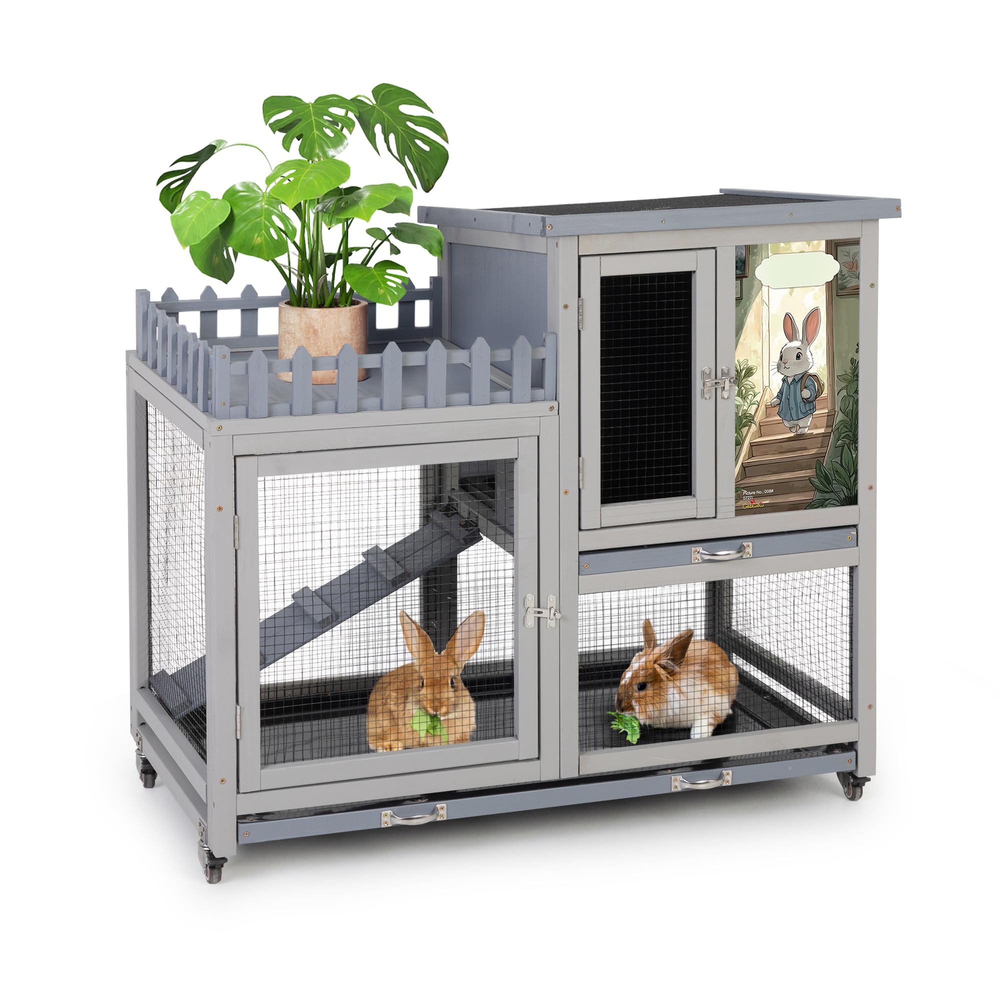 Cozivvovv Wood Rabbit Hutch With Balcony - Small Animal House Bunny Cage On Wheels For Indoor Outdoor, Included Ramp, Pull Out T