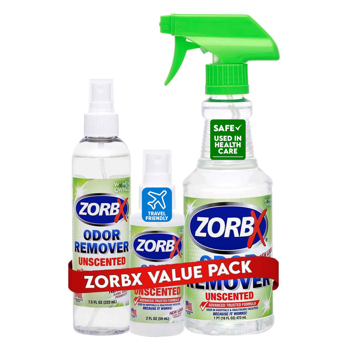 ZORBX Unscented Odor Eliminator for Strong Odor 16 Oz + 7.5 Oz + 2 Oz - Used in Hospitals & Healthcare Facilities - Advanced For