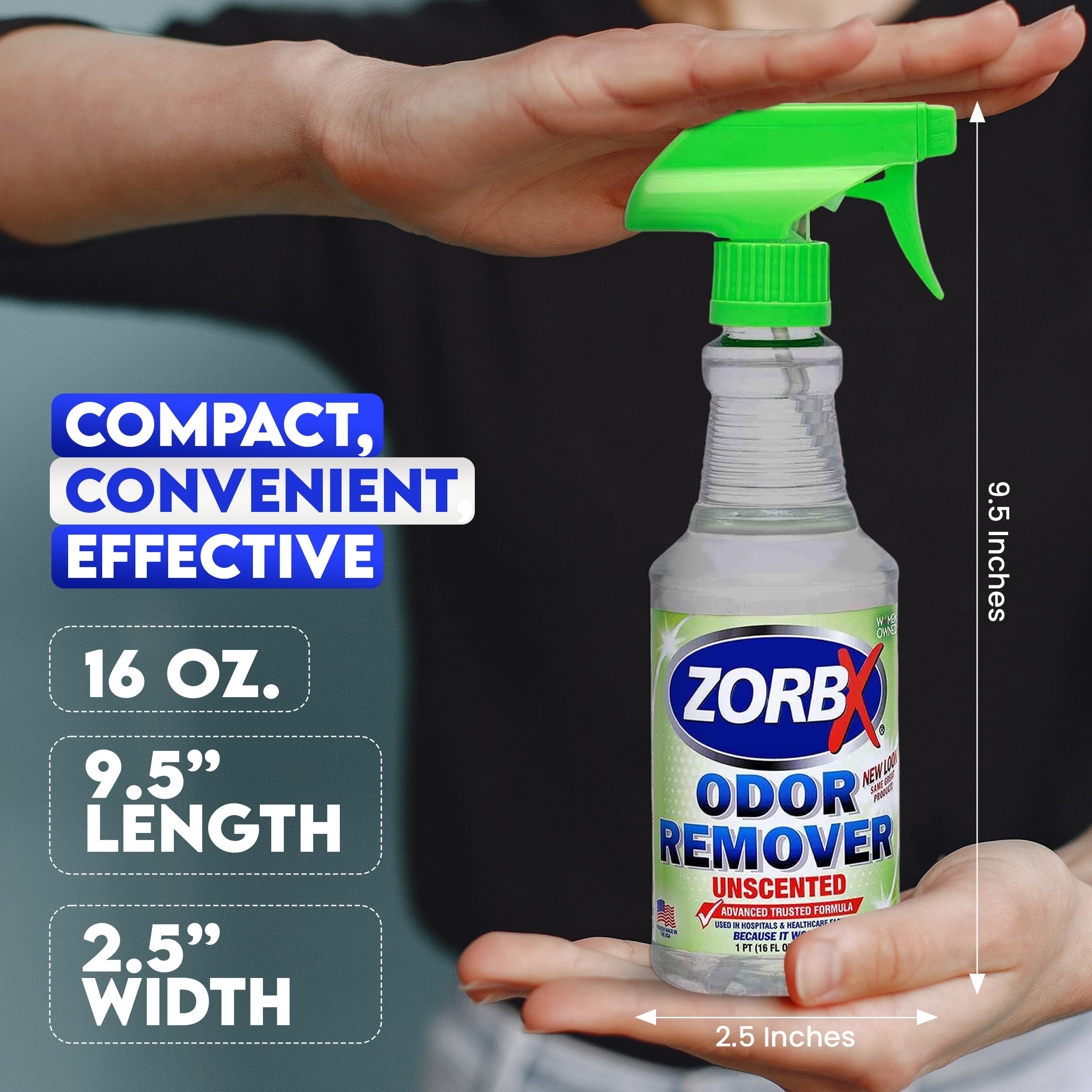 ZORBX Unscented Odor Eliminator Spray - Fast-Acting Formula for Dogs, Cats, Homes & Carpets, 16 Fl Oz - Trusted by Hospitals