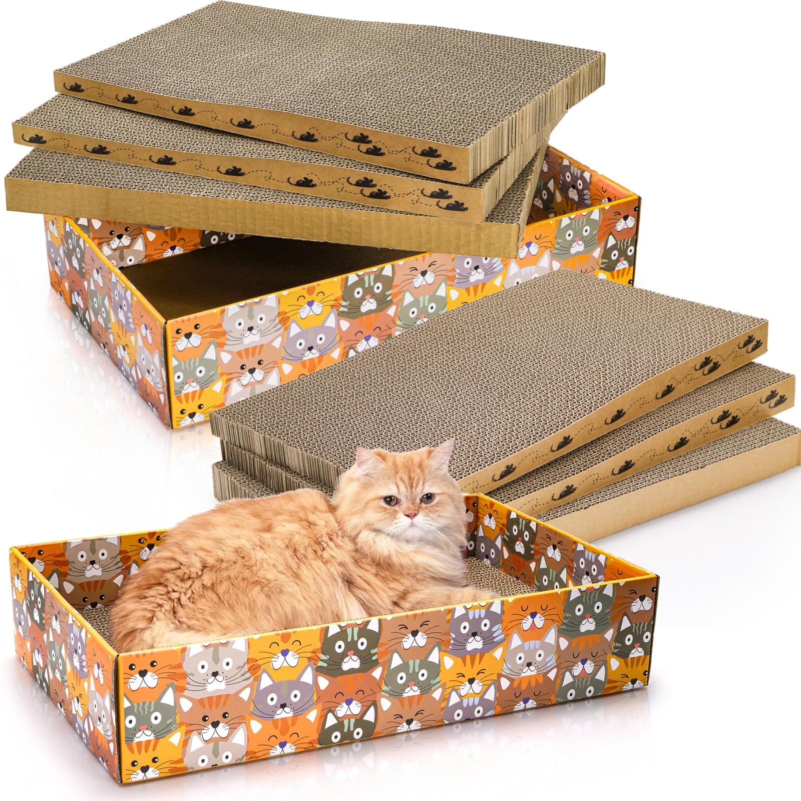 Pumtus Set Of 2 Cardboard Cat Scratchers, 6 Pcs Corrugated Cat Scratch Pad With 2 Boxes, Cute Reversible Kitty Sofa Bed, Refilla