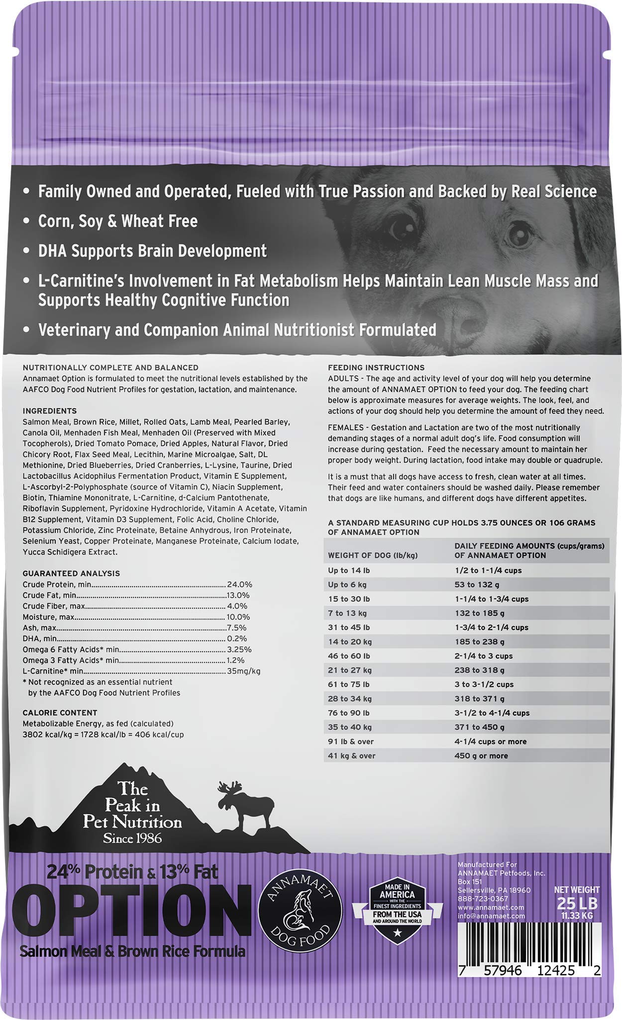 Annamaet Original Option Formula Dry Dog Food, 24% Protein (Salmon & Brown Rice), 25-lb Bag