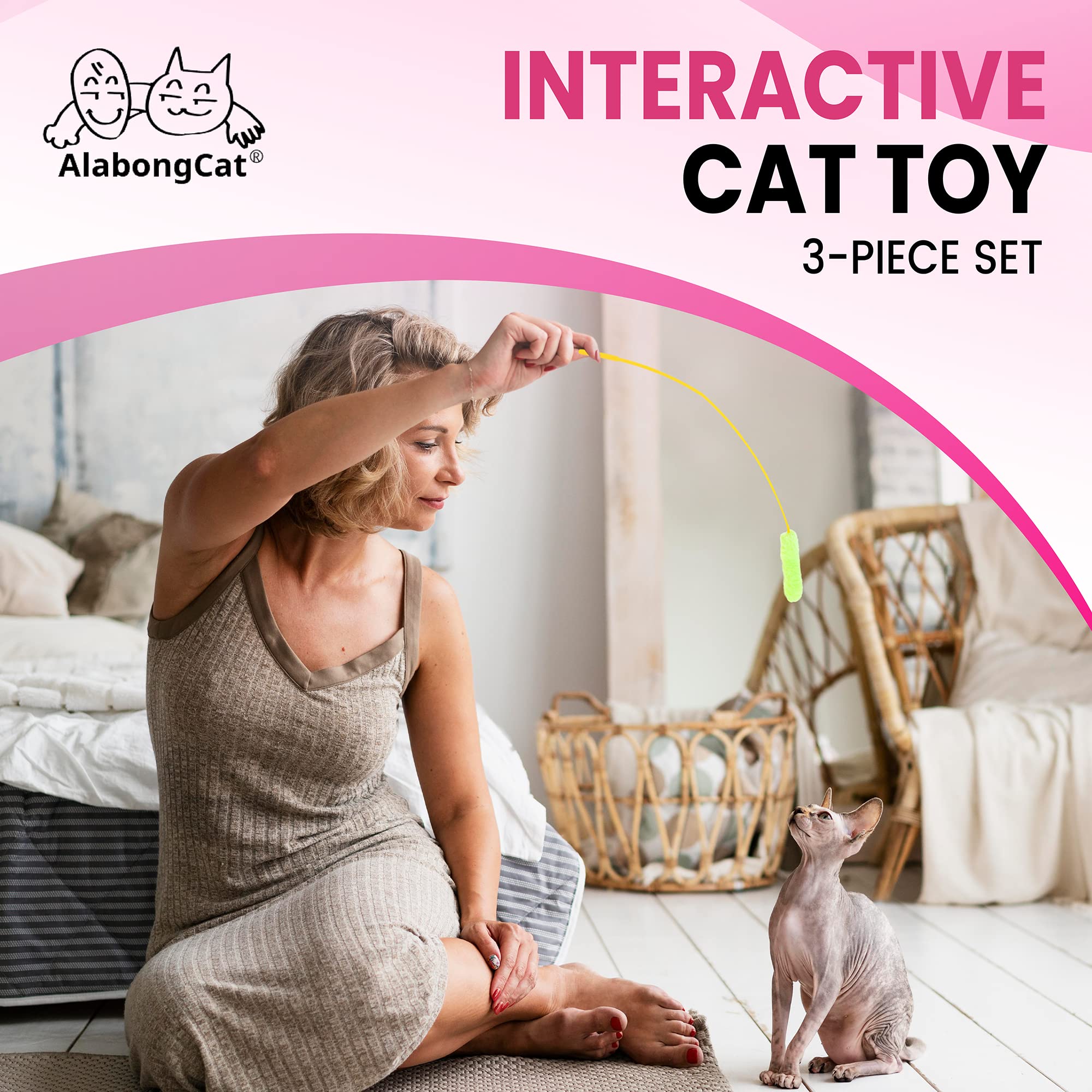 Alabongcat, Interactive Catnip Cat Toy, A Blue Fish Catnip Toy (Filled With Natural Catnip) And Pink & Green Cat Teaser Wand Toy