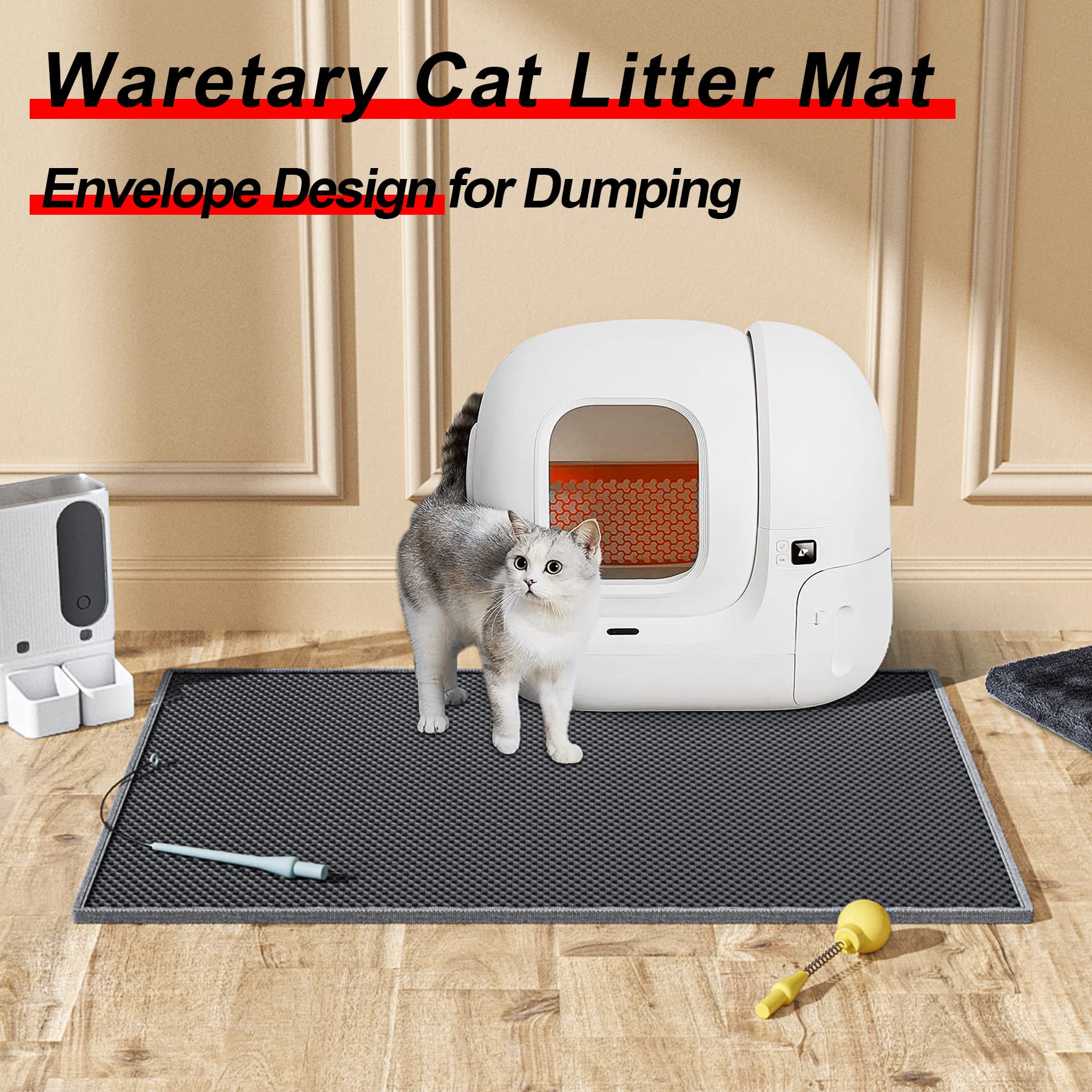 Waretary Cat Litter Mat, 30' X 24' Litter Trapping Mat, Double Layer Honeycomb Litter Box Mat, Urine & Waterproof Kitty Litter Mat, Scatter Control Easy Clean (Gray)