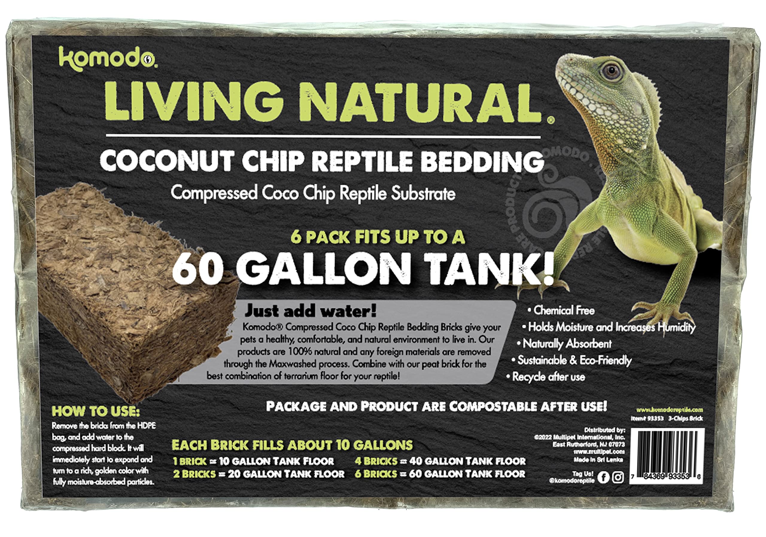 Komodo Coconut Coir Chip 3 Brick Pack | 100% Natural Coconut Coir Reptile Terrarium Habitat Bedding | Retains Moisture For Regulating Humidity | Fits Up To A 60 Gallon Tank