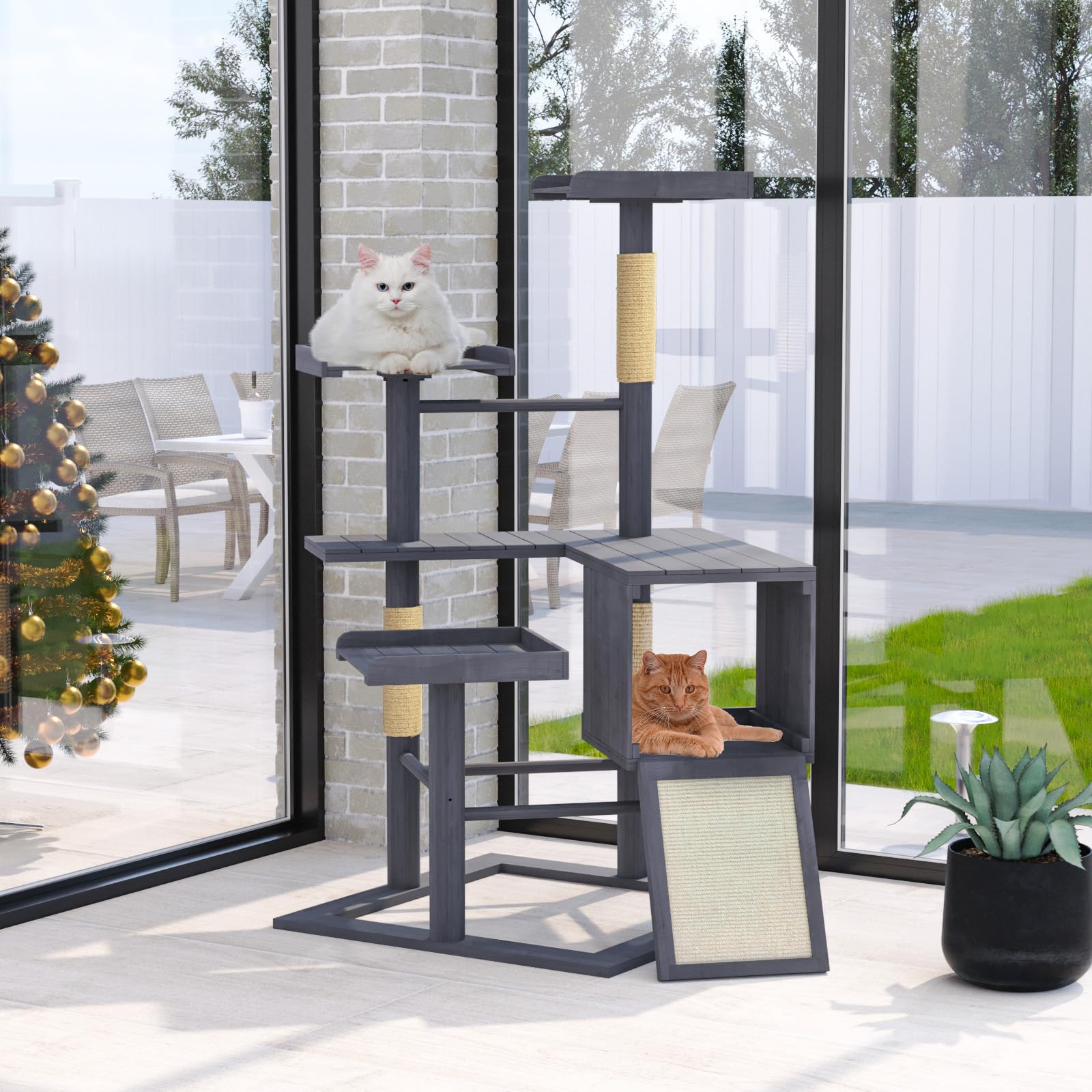 GDLF Outdoor Cat Tree, 67 Weatherproof Wood Cat Tree Tower for Large Cats with Condo and Scratching Posts, Perches