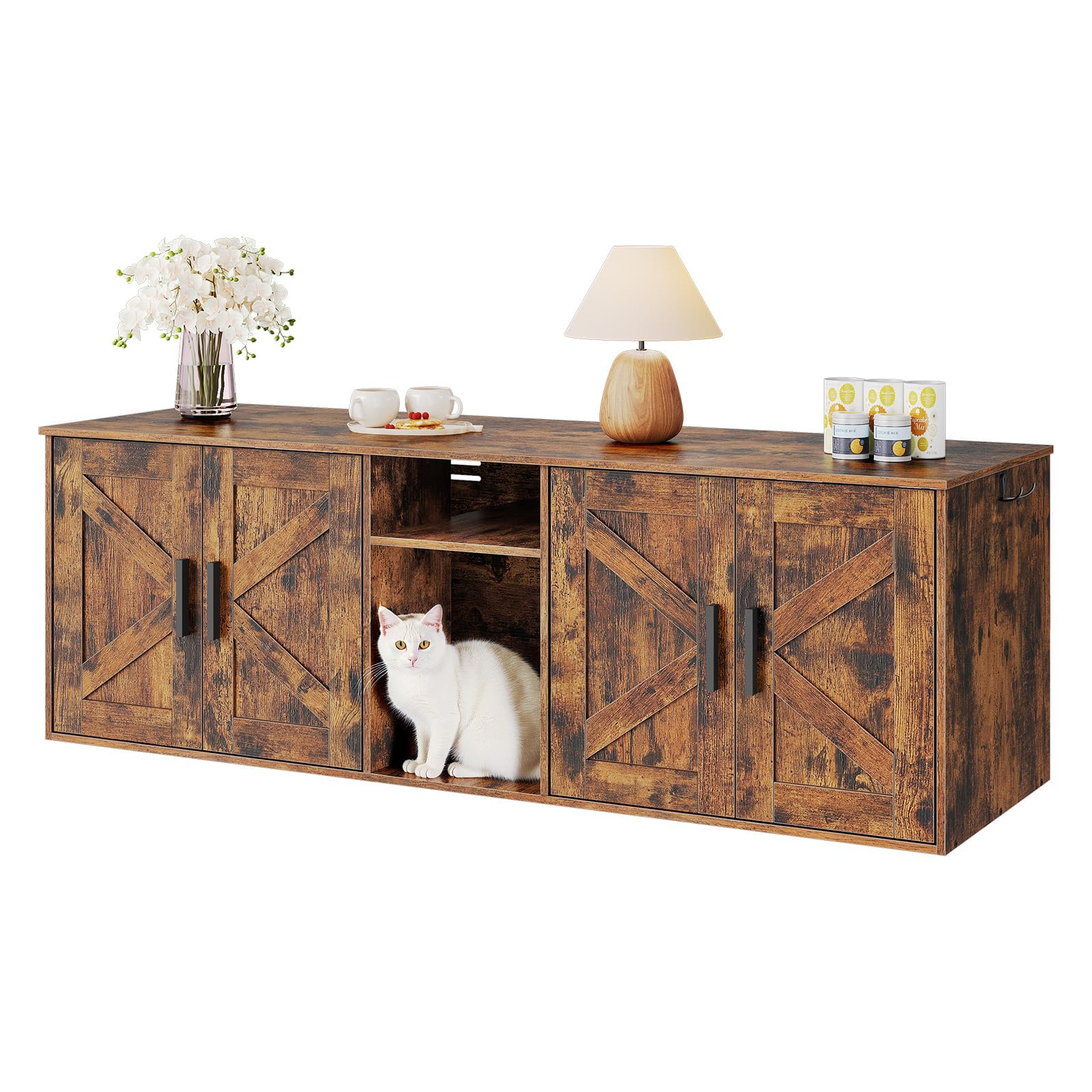 Hoobro 58.3' Cat Litter Box Enclosure, Litter Box Furniture For 2 Cats, Cat House With Corridor, Tv Stand With Storage, Litter 