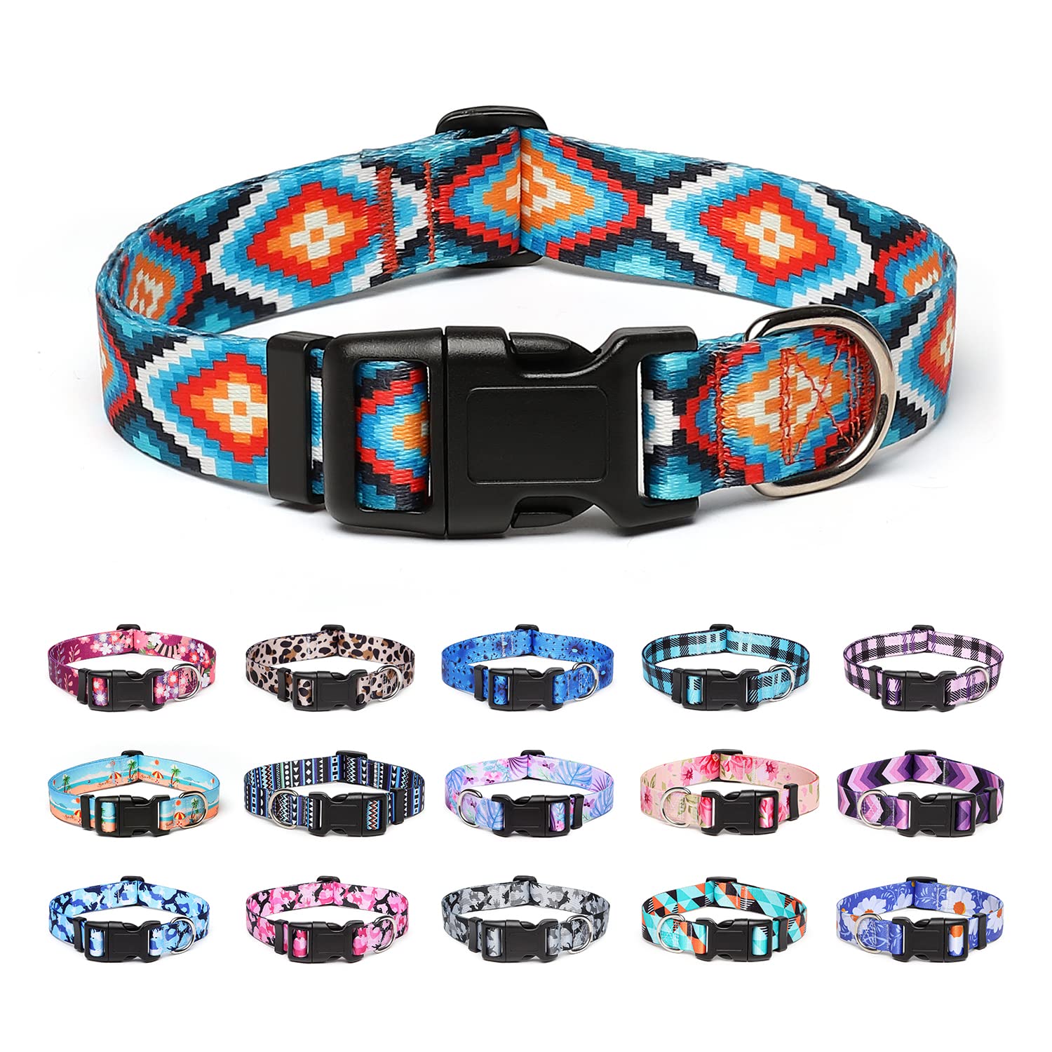 Suredoo Adjustable Dog Collar With Patterns, Ultra Comfy Soft Nylon Breathable Pet Collar For Small Medium Large Dogs (L, Geometric Pattern)