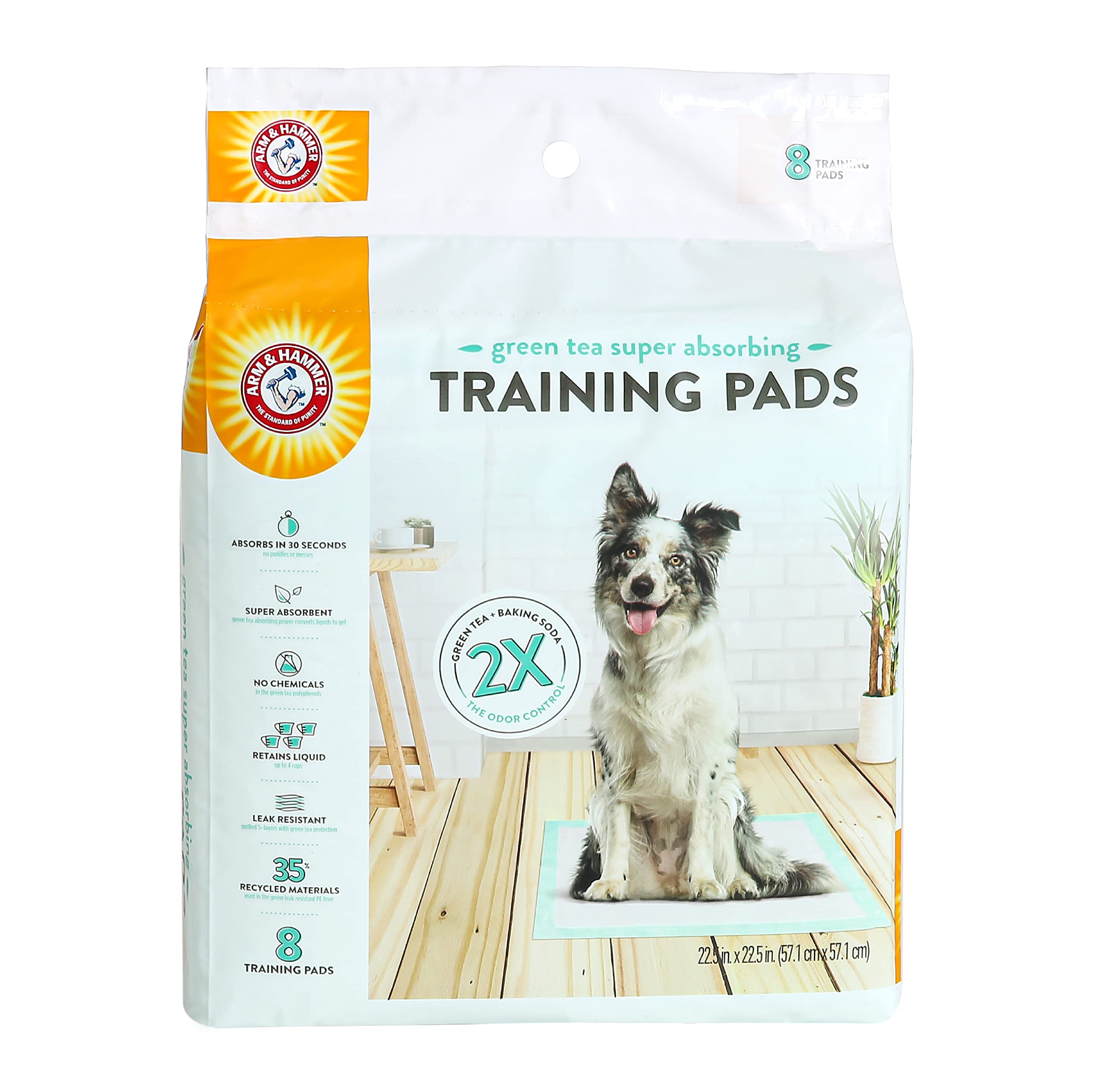 Arm & Hammer Pet Training Pads - 8Ct Dog Training Pads with Super Absorbing Green Tea and Baking Soda for 2X The Odor Control - 