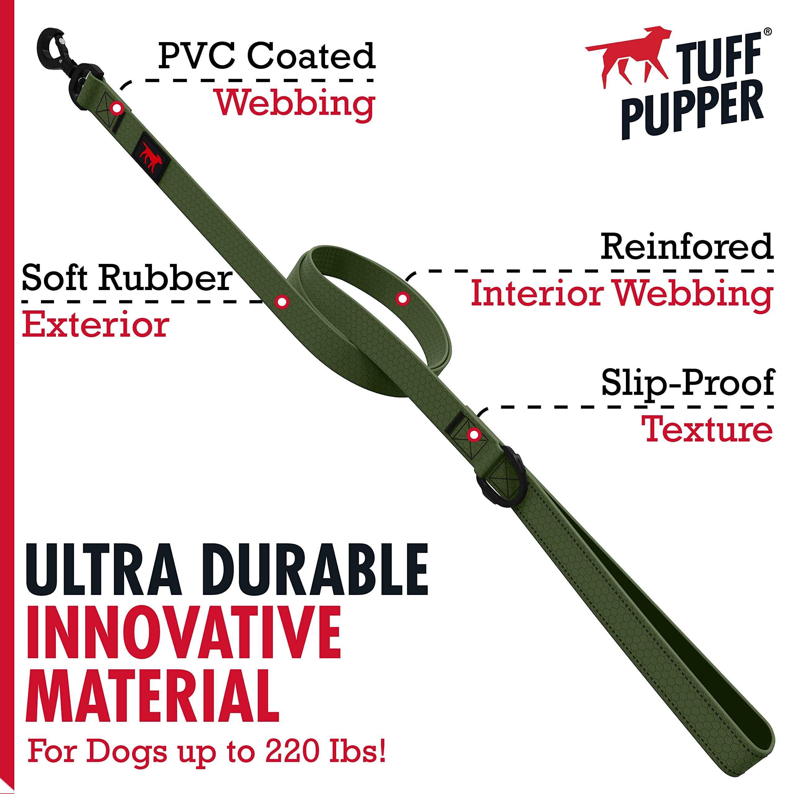Tuff Pupper Heavy Duty Waterproof Dog Leash, 6ft PVC-Coated, Rover Green, Rust-Proof with Locking Carabiner