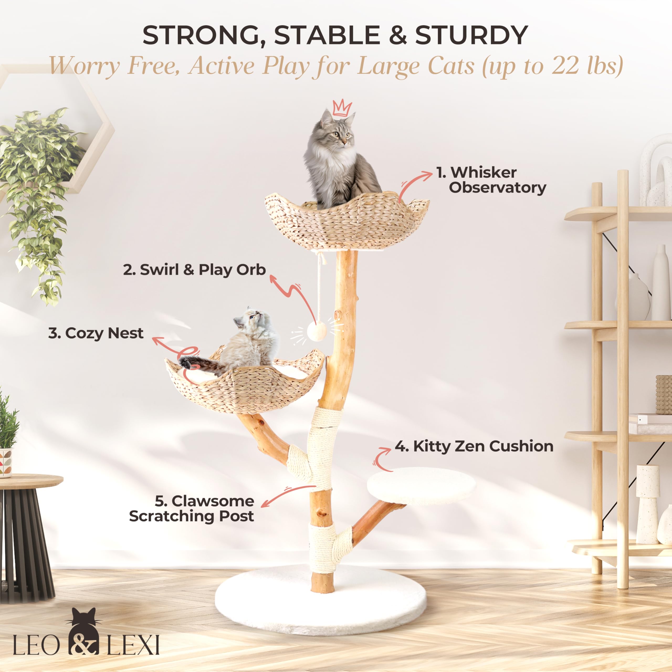 Real Wood Modern Cat Tree Tower, Cat Scratching Post With Bed For Indoor Cats Large Adult, Solid Wooden Climbing Tower, Cute Wic