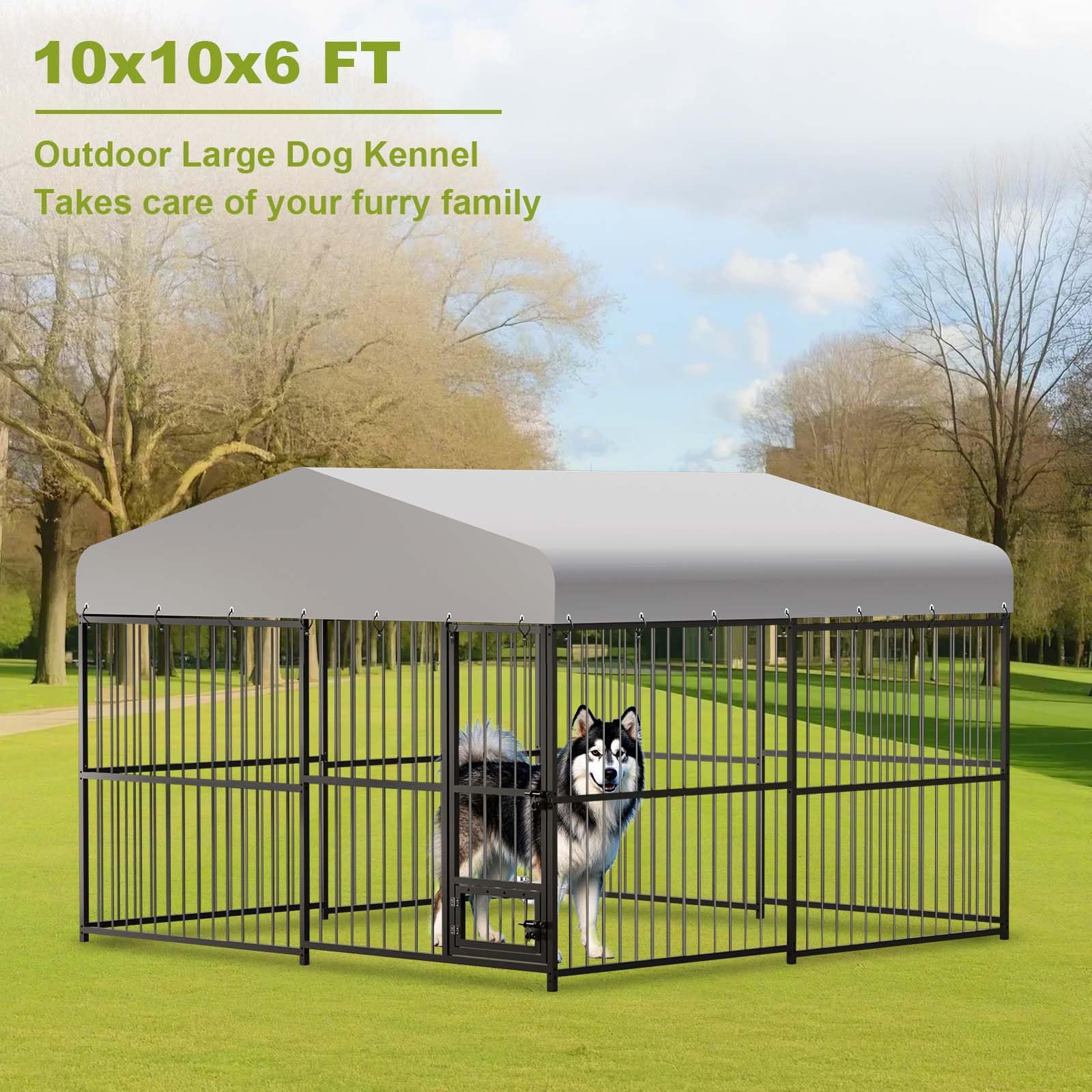 10x10x6 FT Outside Dog Kennel with Roof,Heavy Duty Outdoor Kennels for Large Dogs,with Uv-Resistant Waterproof Roof Covered Outd