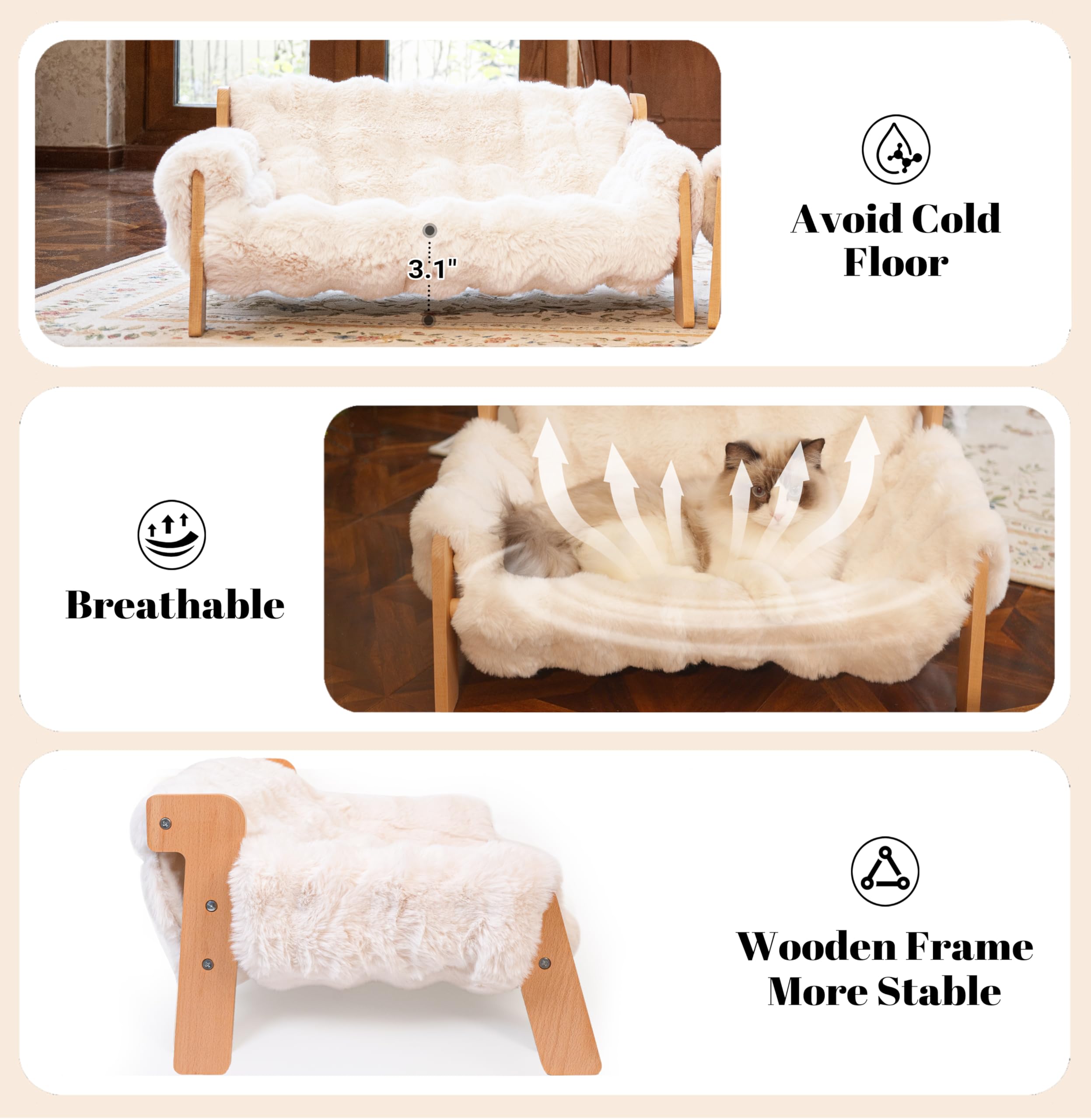 Cheerhome Pets Elevated Cat Couch Bed For Indoor Cats, Wooden Cat Sofa With Removable Washable Fluffy Cover Raised Kitty Lounge