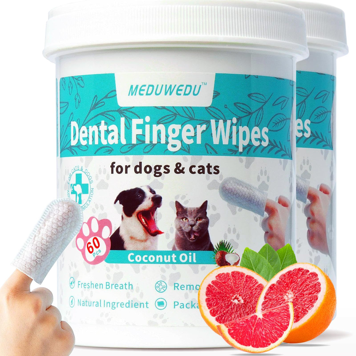 Meduwedu Dental Care Finger Wipes 120 Counts,Teeth Cleaning Finger Wipes For Dogs & Cats,Reduces Plaque & Supports Oral Freshness, Grapefruit Scent