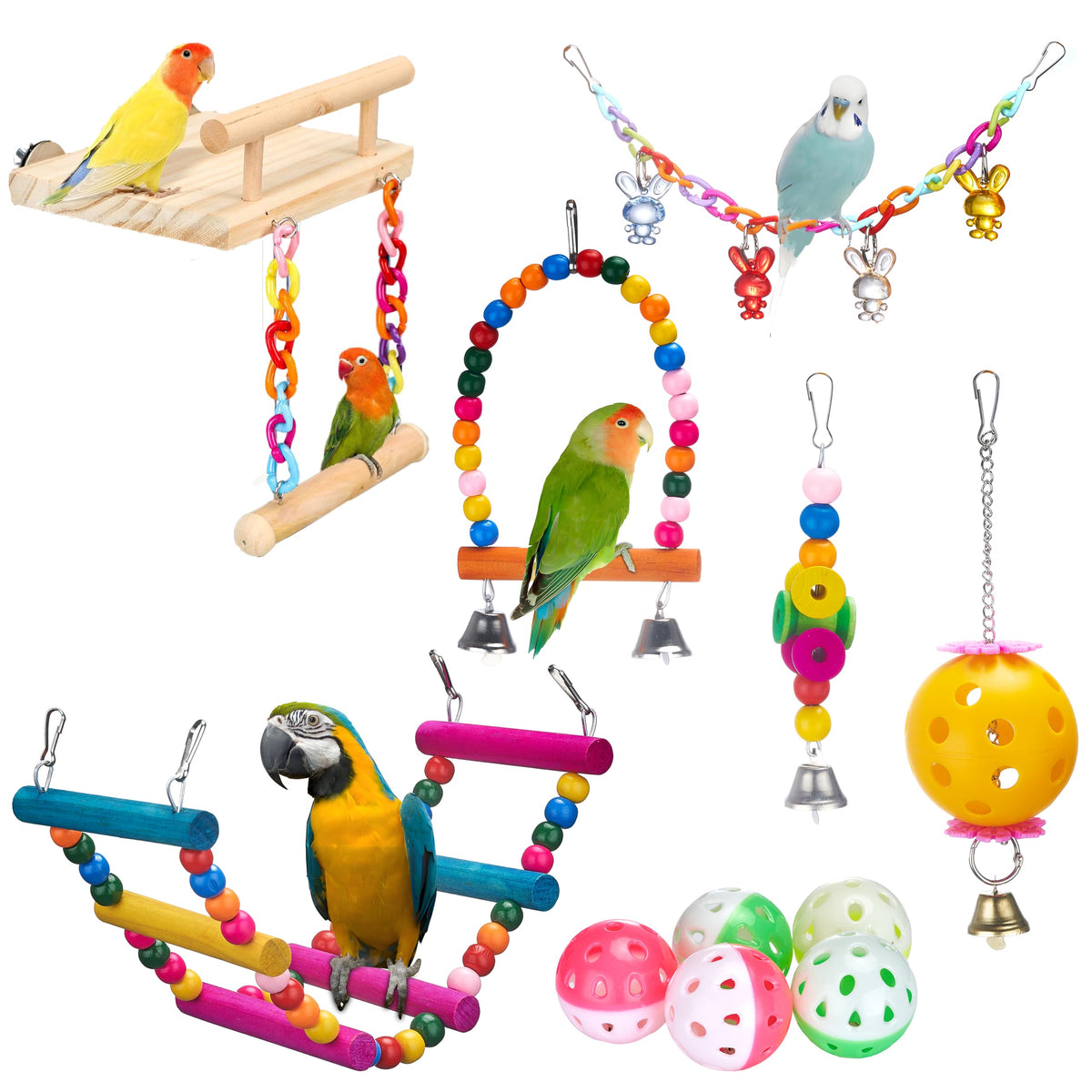 Frgkbtm 11Pcs Bird Parakeet Toys Wooden Bird Platform Stands Swing Hanging Chewing Toy Parrot Climbing Ladder Colorful Bird Cage