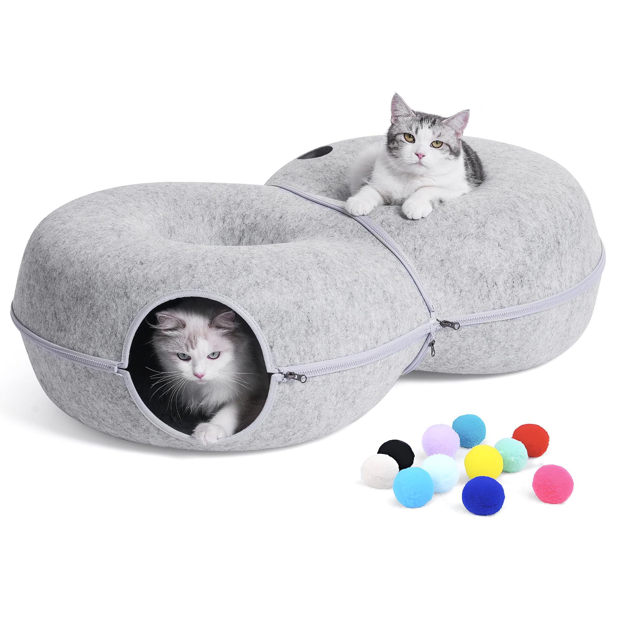 Lovintry 8-Shaped Large Cat Tunnel Bed For Indoor Cats, Infinite Circulation Peekaboo Cat Cave With 12 Toy Balls, Cat Donut Tunn
