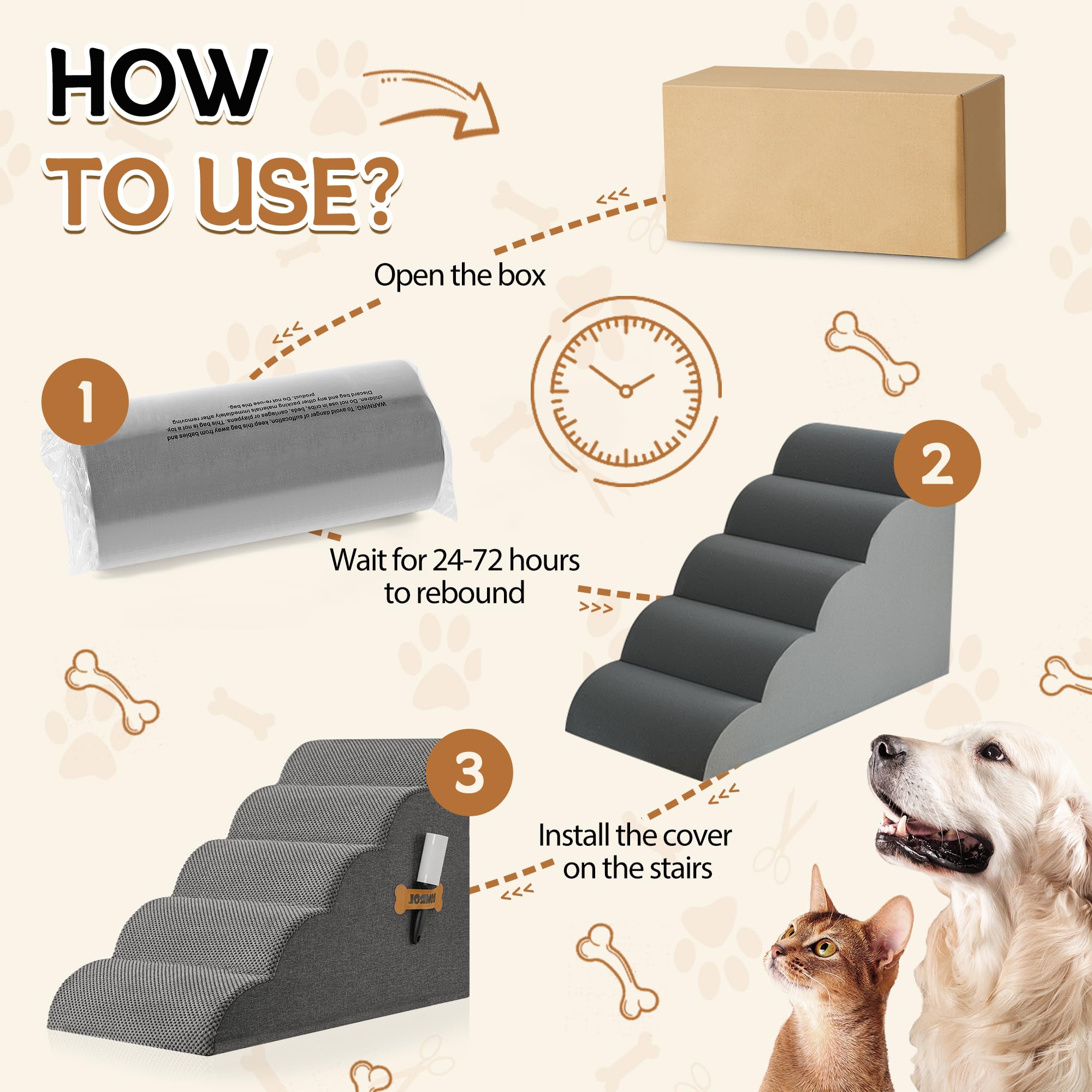 Romrol Dog Stairs Ramp For Small Dogs, Pet Stairs Steps With Durable Non-Slip Waterproof Fabric Cover, Dog Slope Stairs To Bed For Small Dogs And Cats Or Pets Joints, 5-Steps, Grey