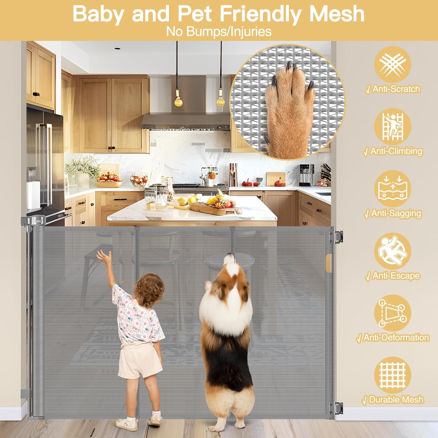 Reinforced 42 Extra Tall Baby Gate 55 Wide Retractable Dog Gate with Support Rods - Bottom Anti-Escape, Extra Tall Pet Gate Indo