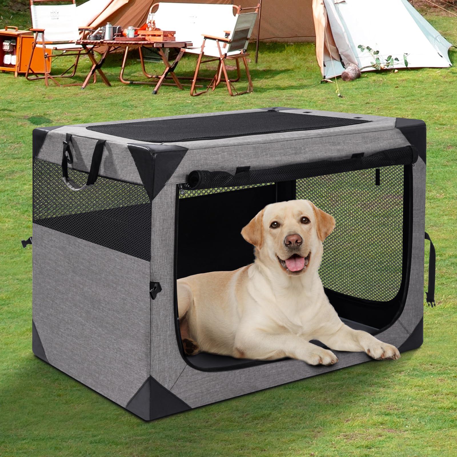 30 Inch Portable Travel Dog Crate, 3 Door Collapsible Soft Pet Kennel with Durable Mesh Windows for Medium Dogs, Foldable Dog Ca