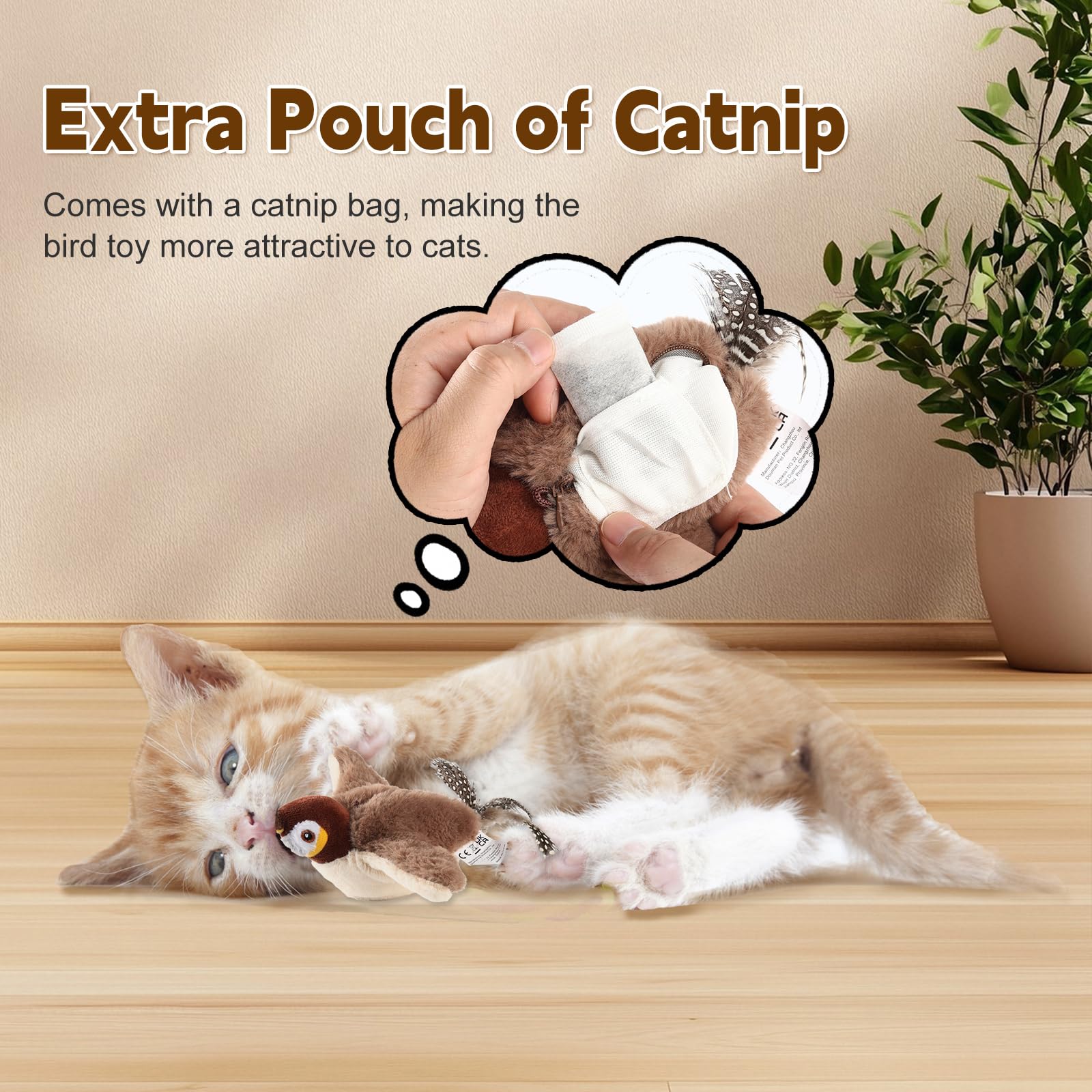 Poreids Chirping Bird Cat Toy - Interactive Flapping Bird Cat Toy For Indoor Cats, Simulated Rechargeable Flappy Sparrow With Ca